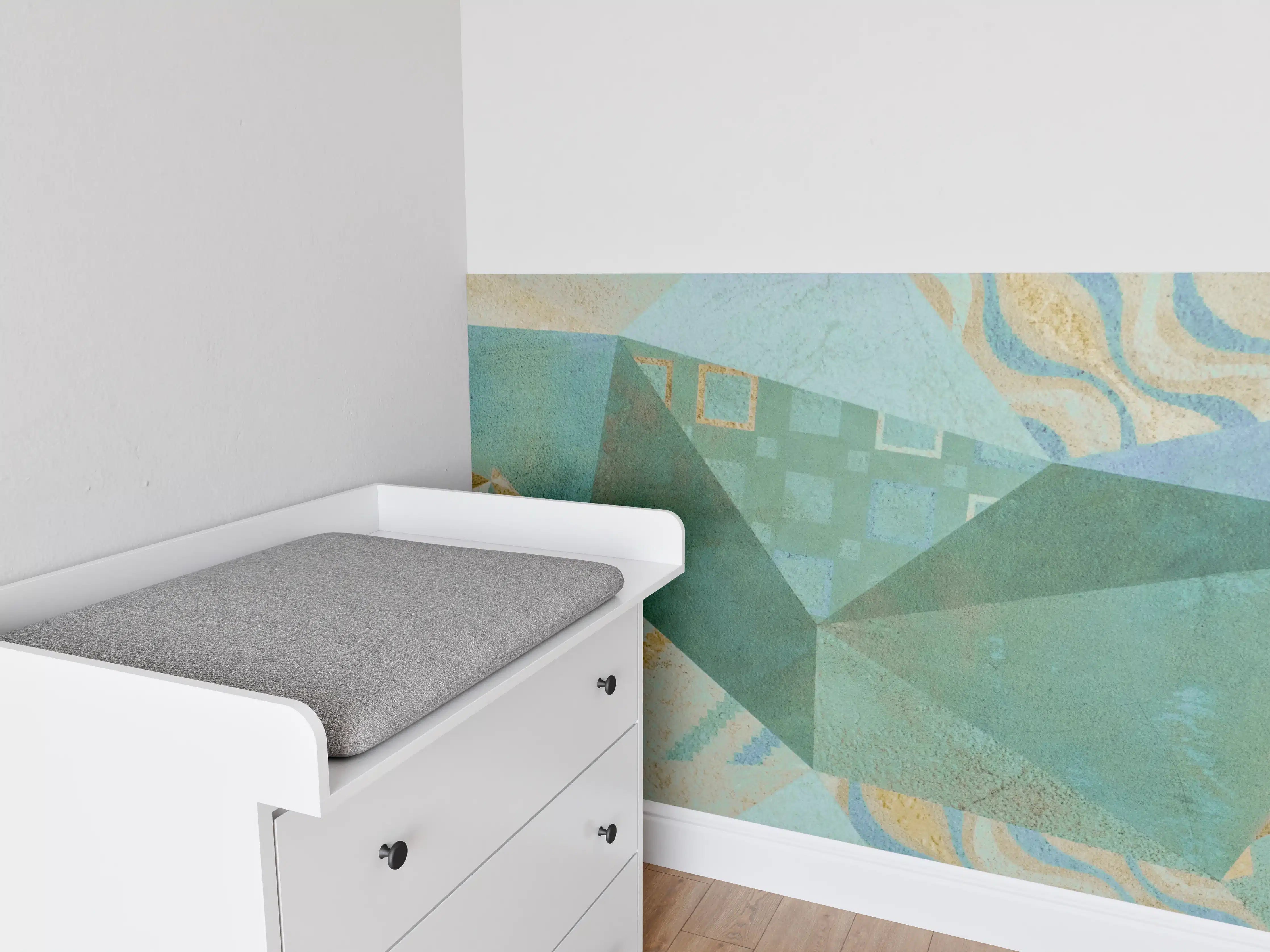Babyzimmer Wandgestaltung - Abstrakte geometrische Muster in sanften Blau- und Beigetönen