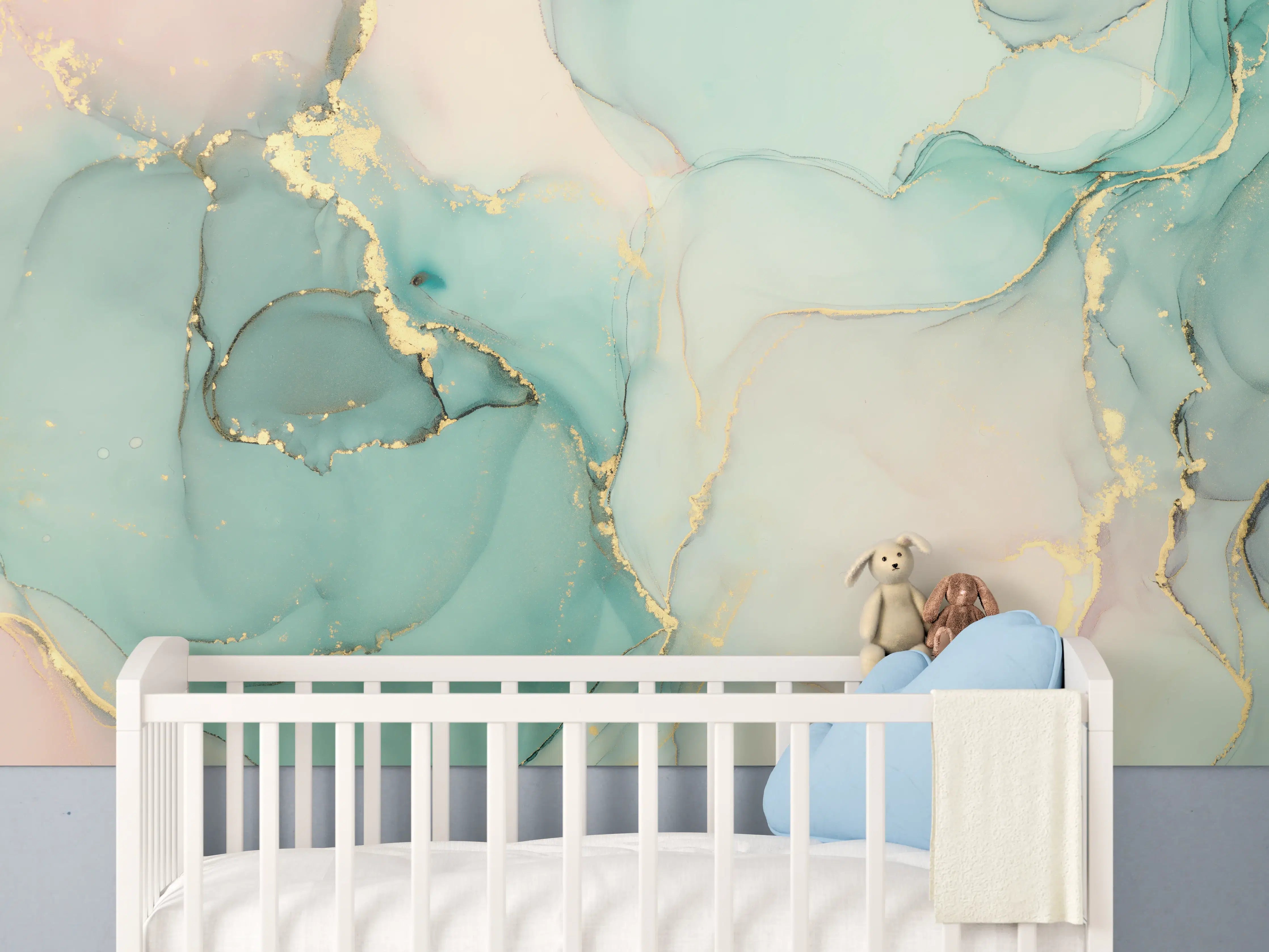 Babyzimmer Wandgestaltung - Abstrakte grünliche Muster mit goldenem Rand