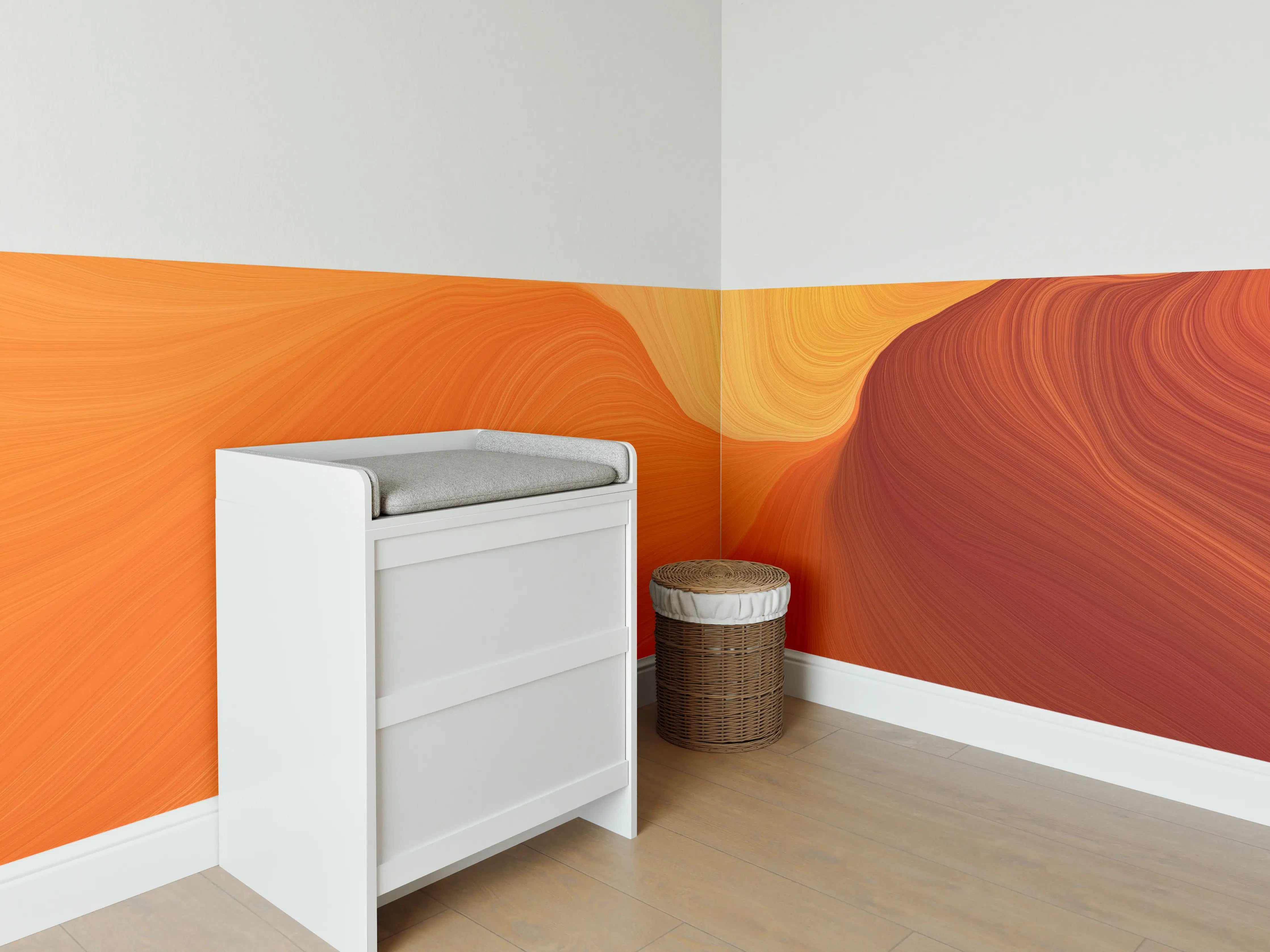 Babyzimmer Wandgestaltung - Abstrakte orange Farbverläufe mit sanften Wellen