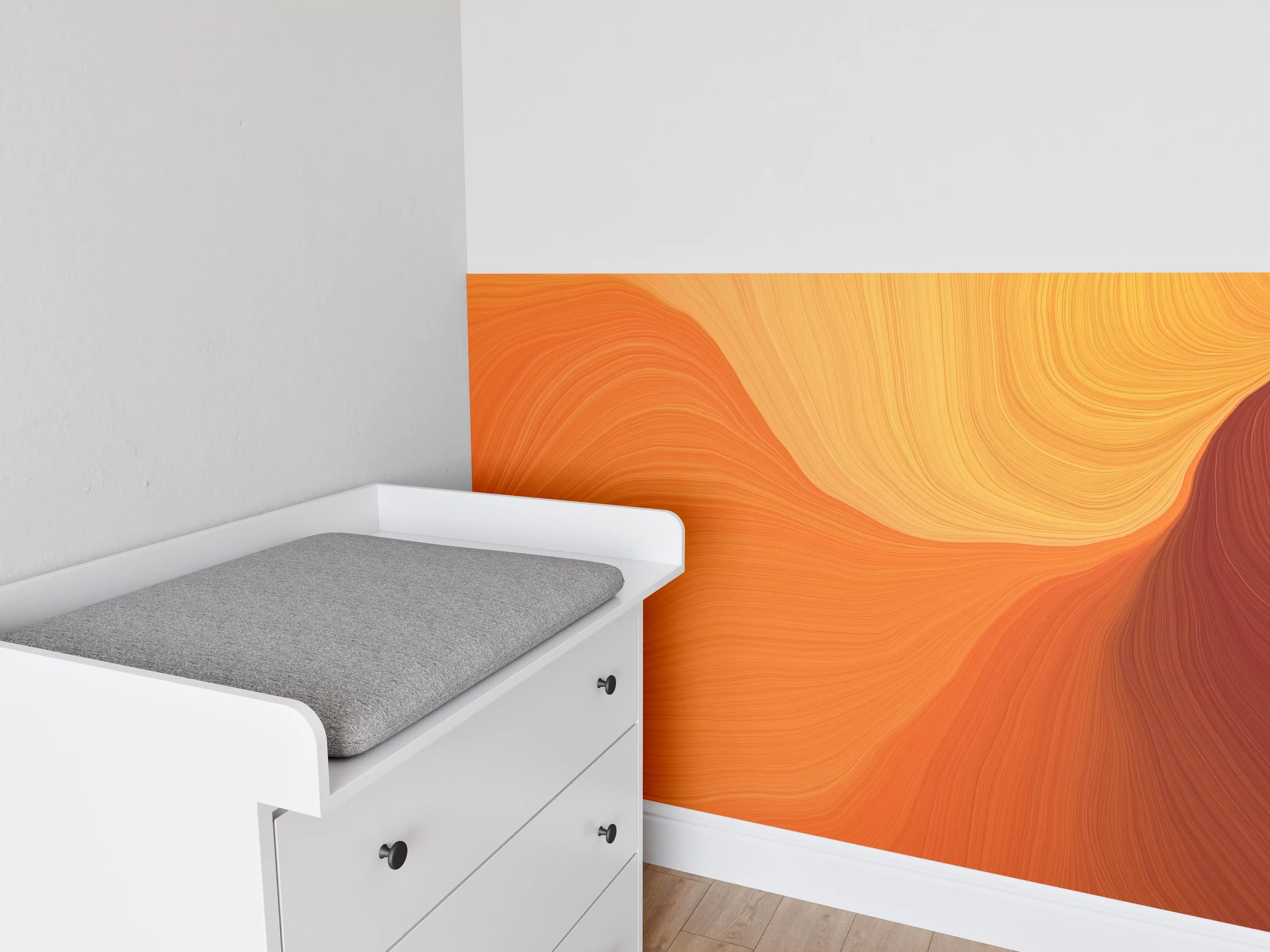 Babyzimmer Wandgestaltung - Abstrakte orange Farbverläufe mit sanften Wellen