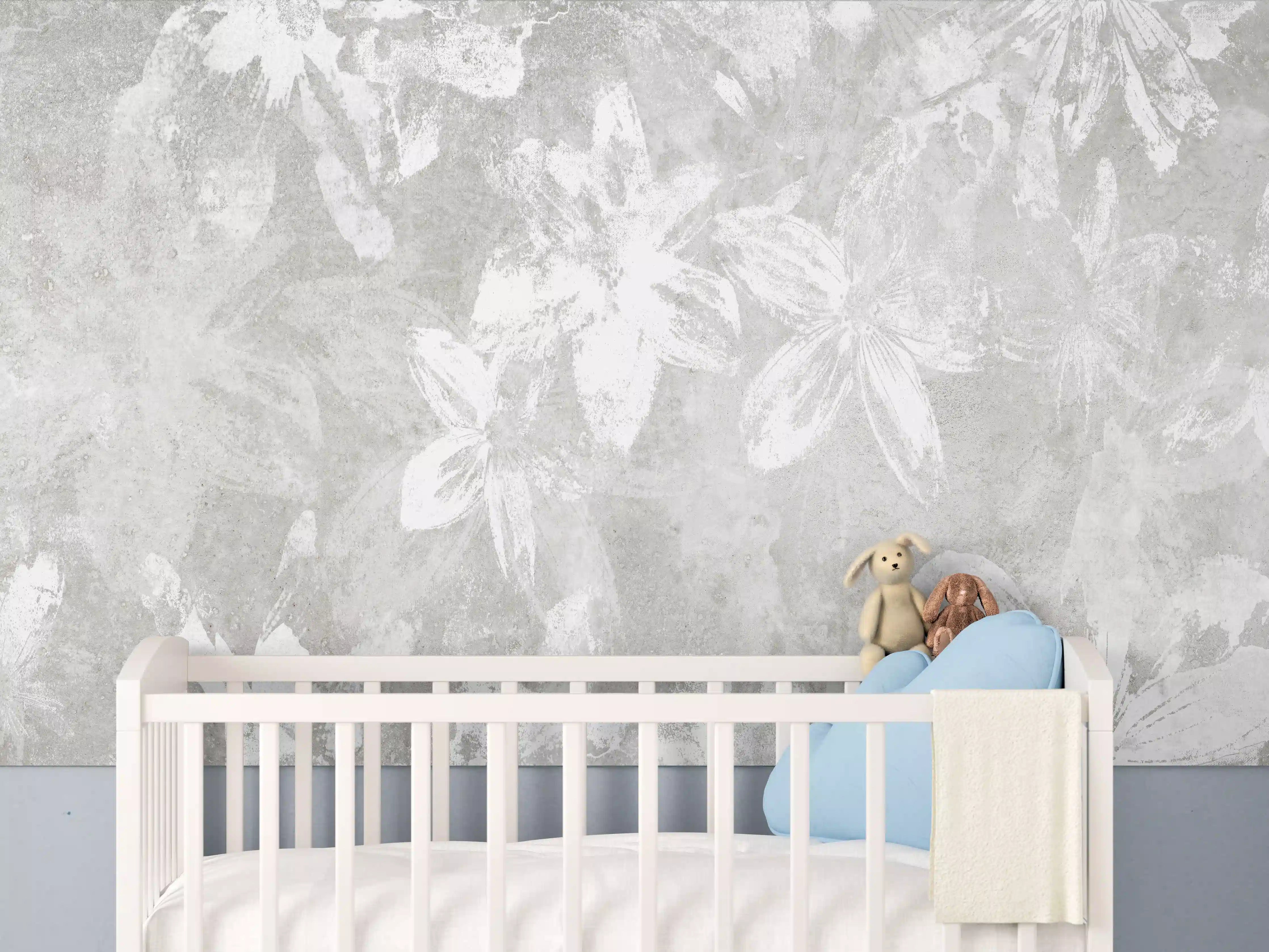 Babyzimmer Wandgestaltung - Abstrakte weiße Blumen auf Beton