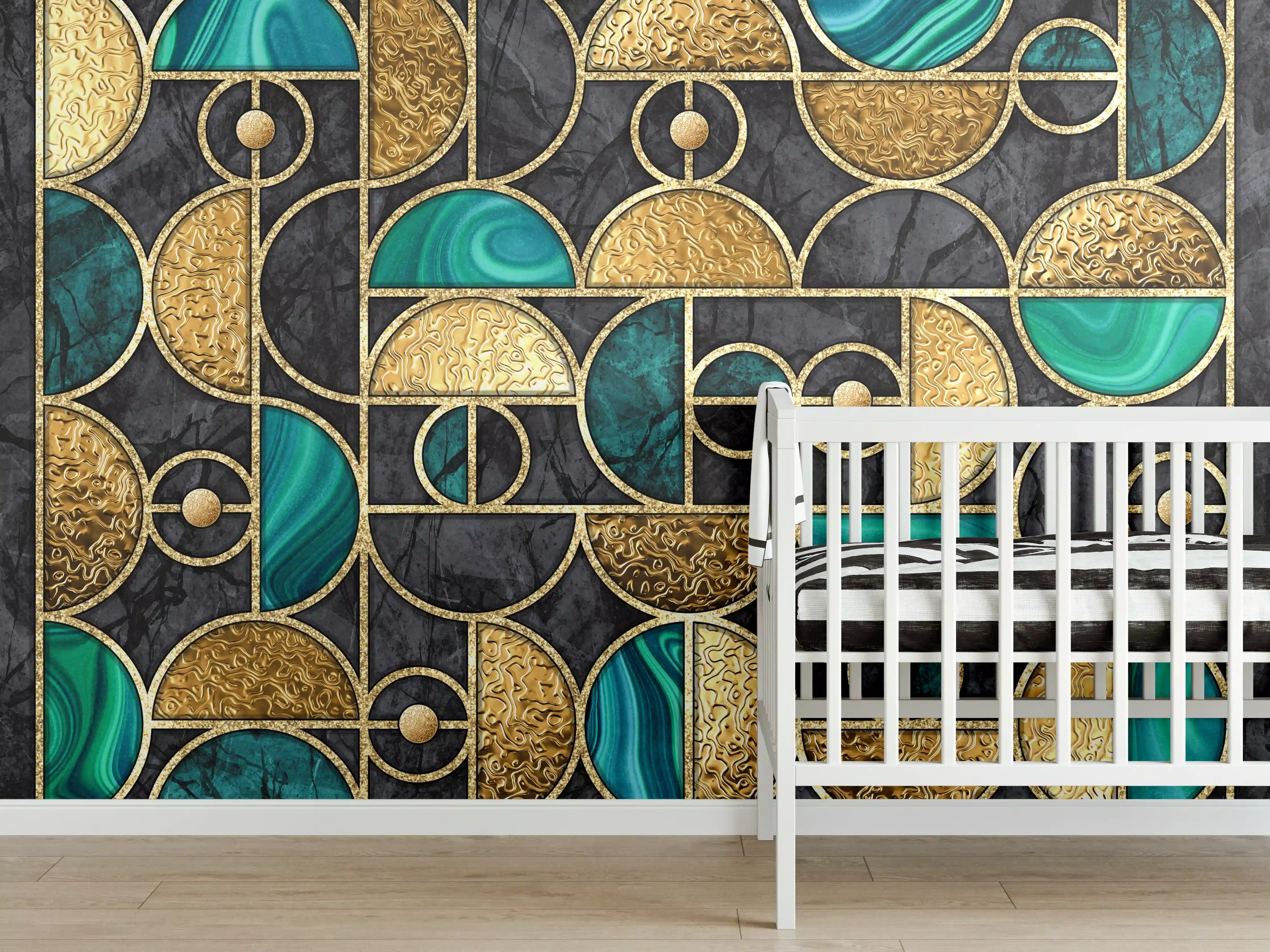Babyzimmer Wandgestaltung - Abstrakter Gold-Schwarz-Grün Mosaik