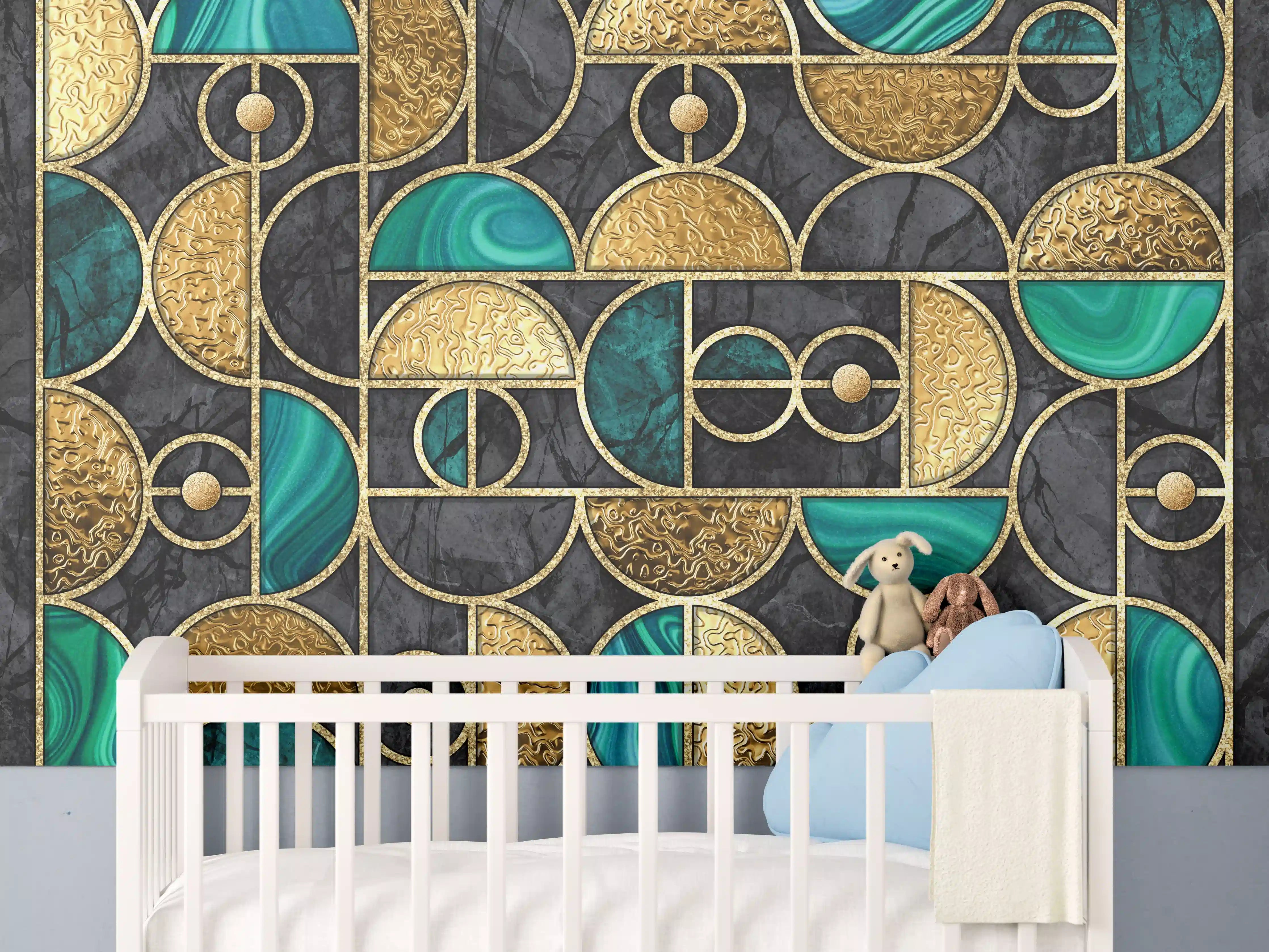 Babyzimmer Wandgestaltung - Abstrakter Gold-Schwarz-Grün Mosaik
