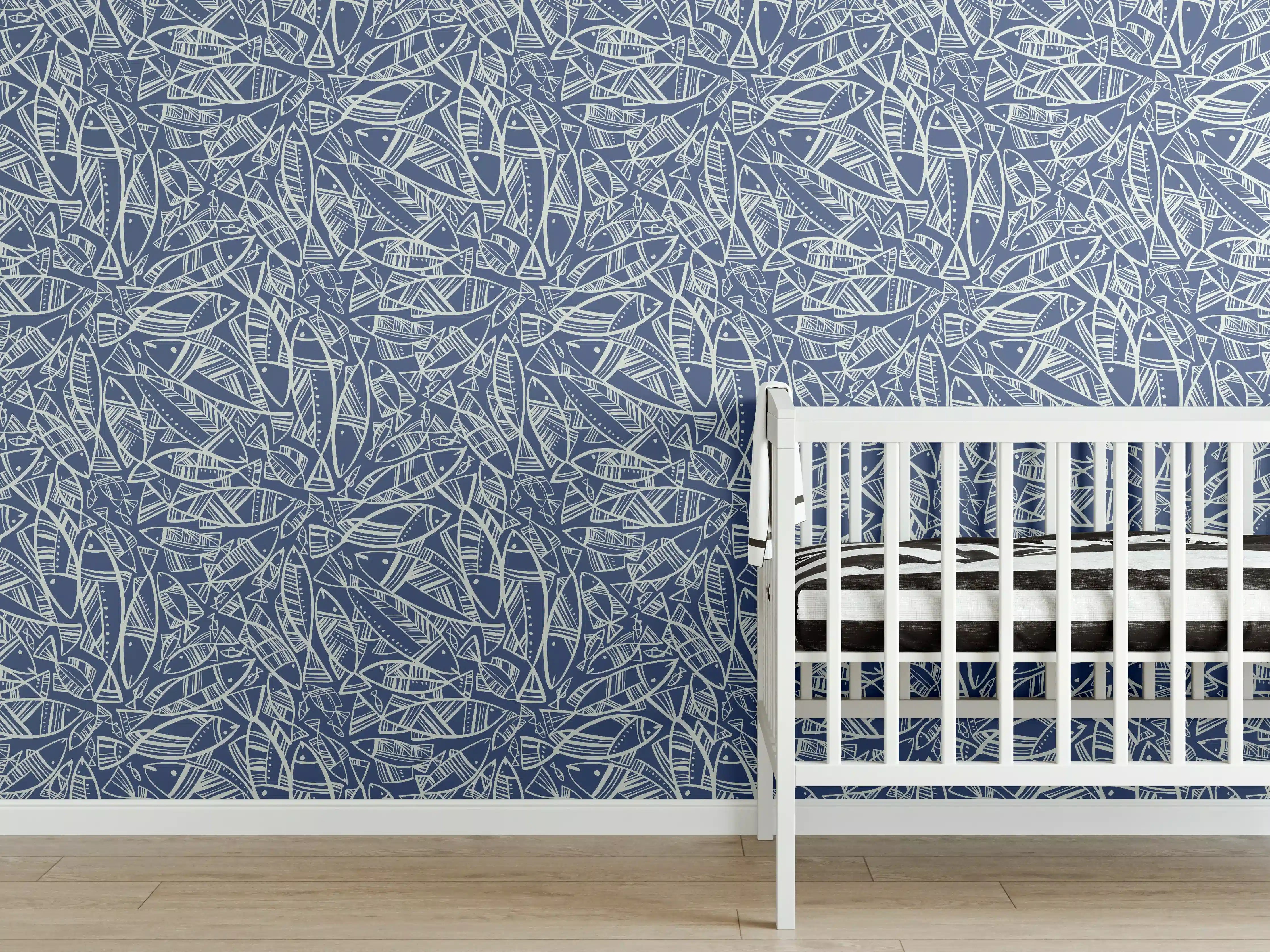 Babyzimmer Wandgestaltung - Abstraktes Fischmuster Blau