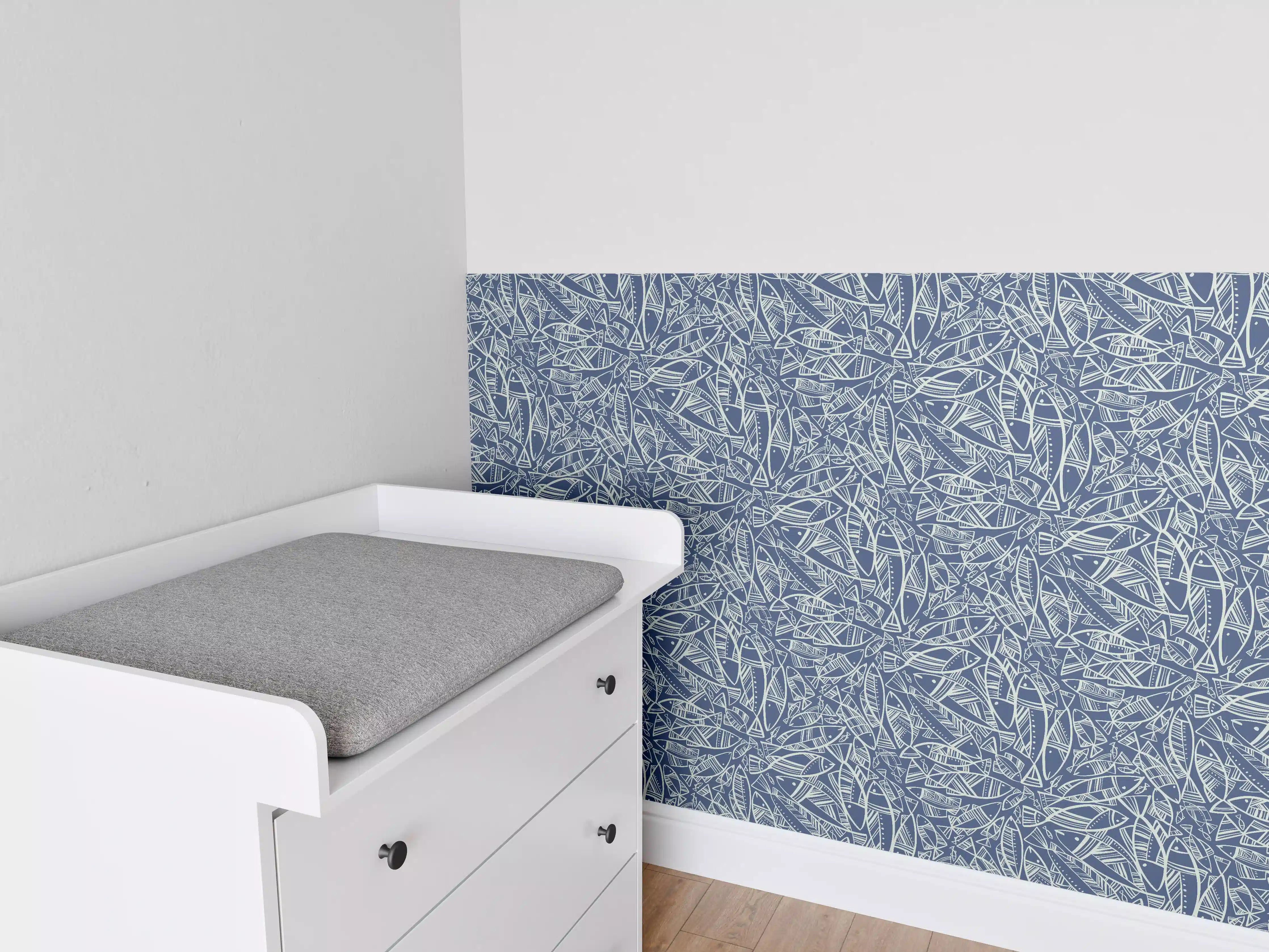 Babyzimmer Wandgestaltung - Abstraktes Fischmuster Blau
