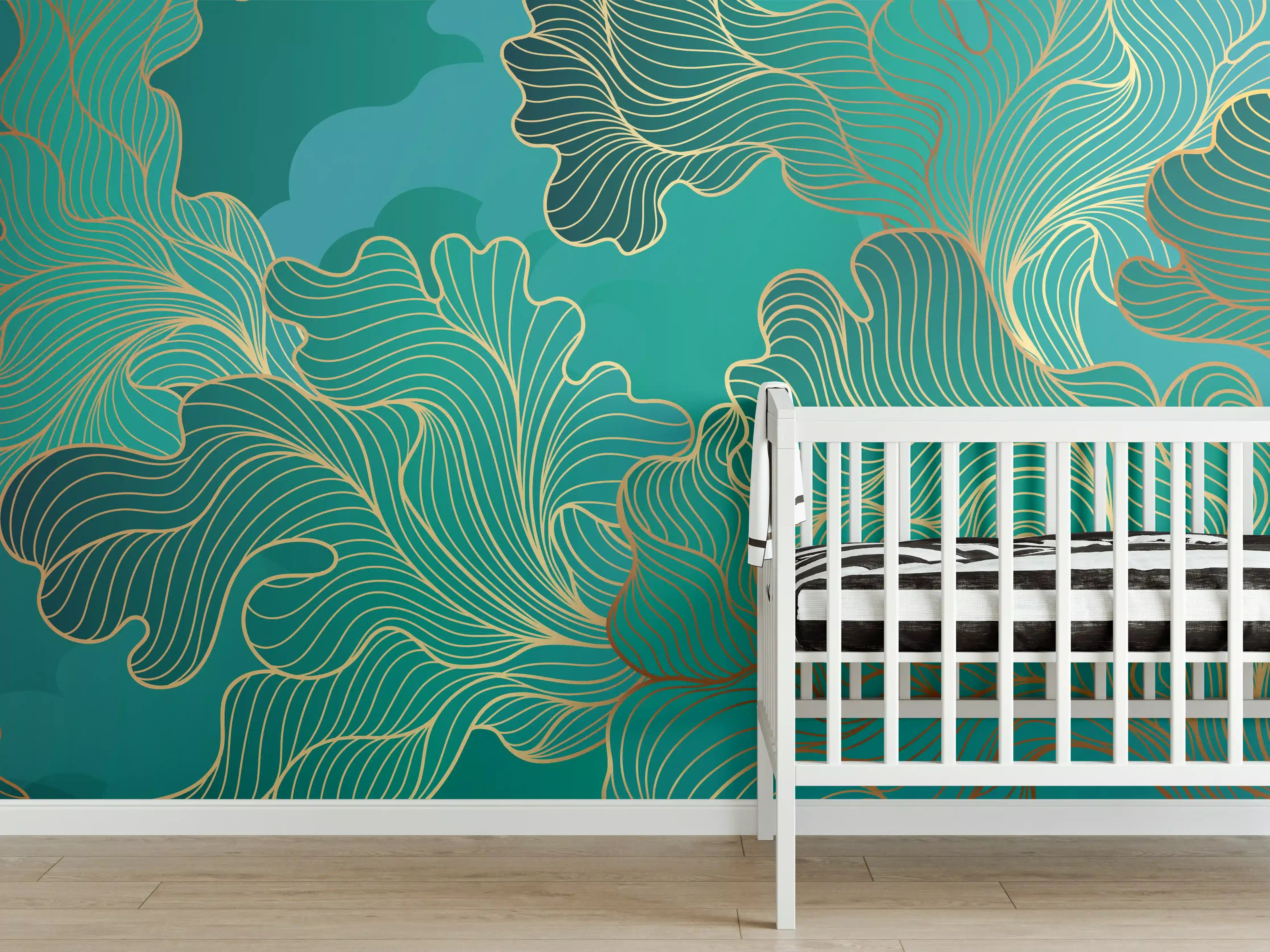 Babyzimmer Wandgestaltung - Abstraktes Grüntöne-Gold-Lineart