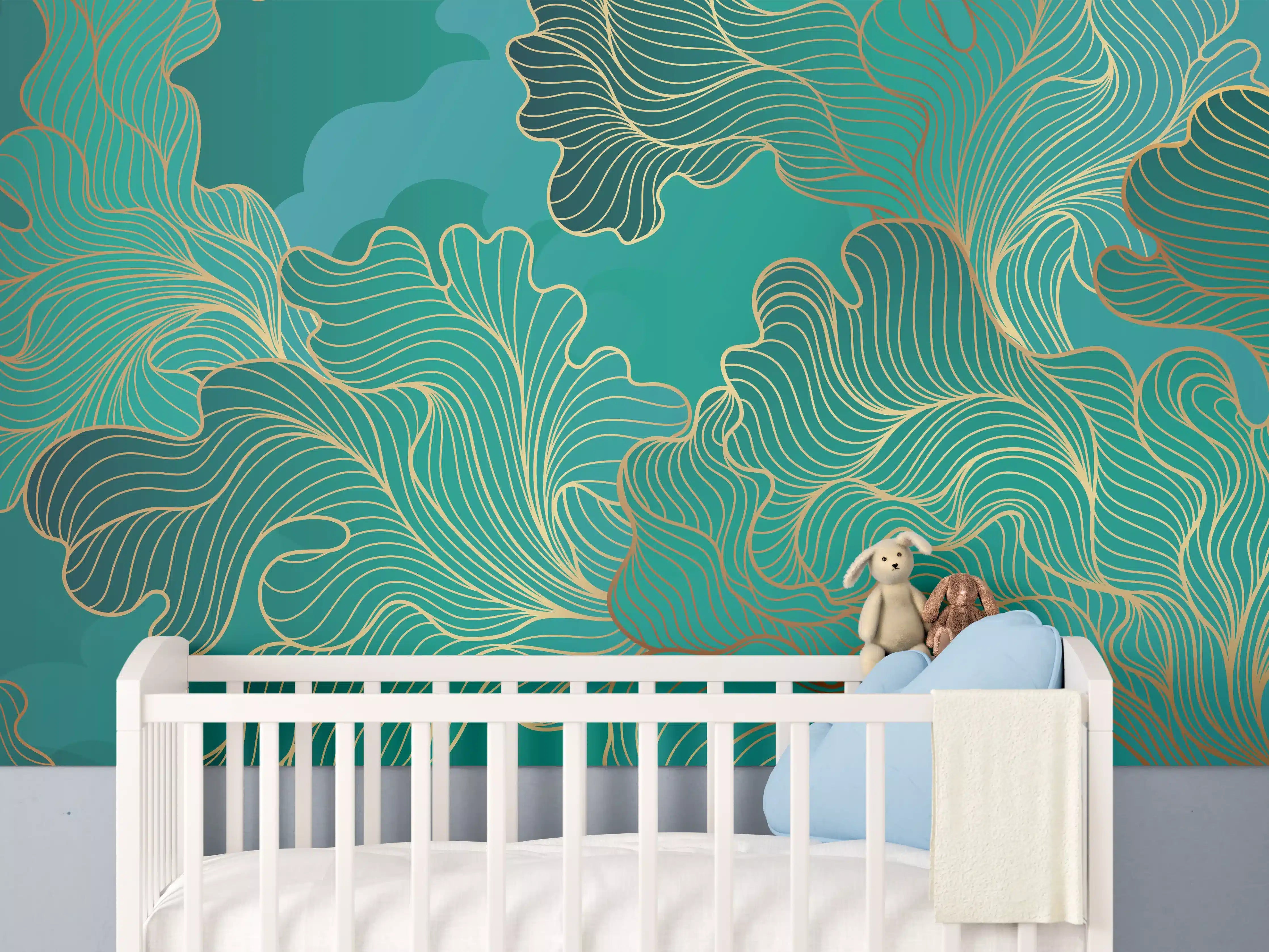 Babyzimmer Wandgestaltung - Abstraktes Grüntöne-Gold-Lineart