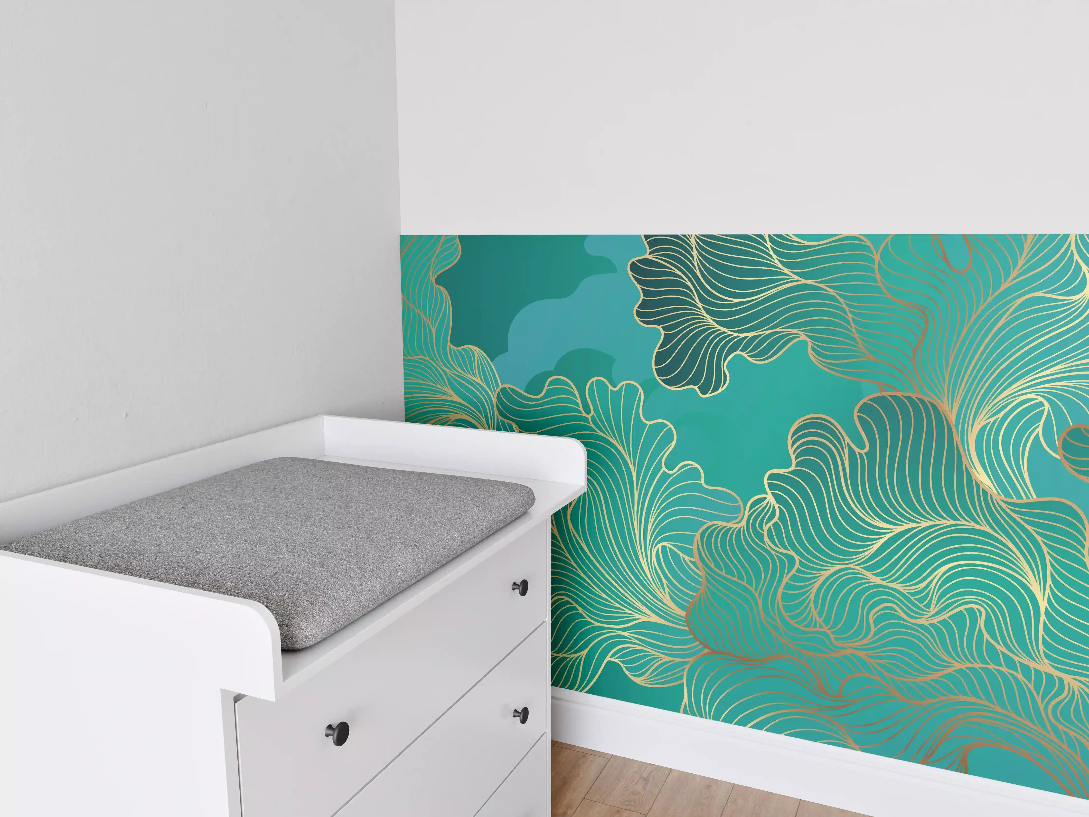 Babyzimmer Wandgestaltung - Abstraktes Grüntöne-Gold-Lineart
