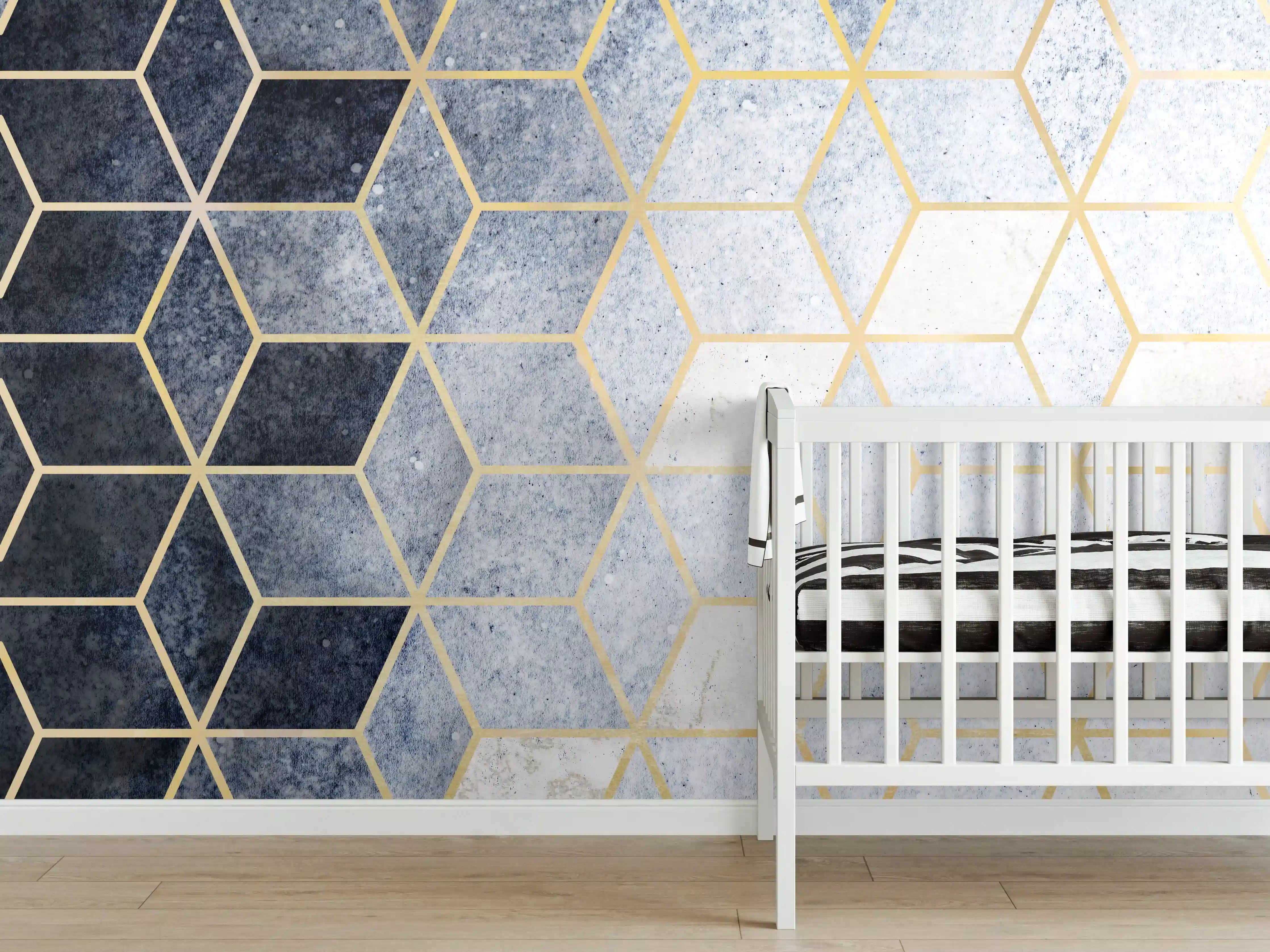 Babyzimmer Wandgestaltung - Abstraktes blaues kubisches Muster mit Goldumrandung