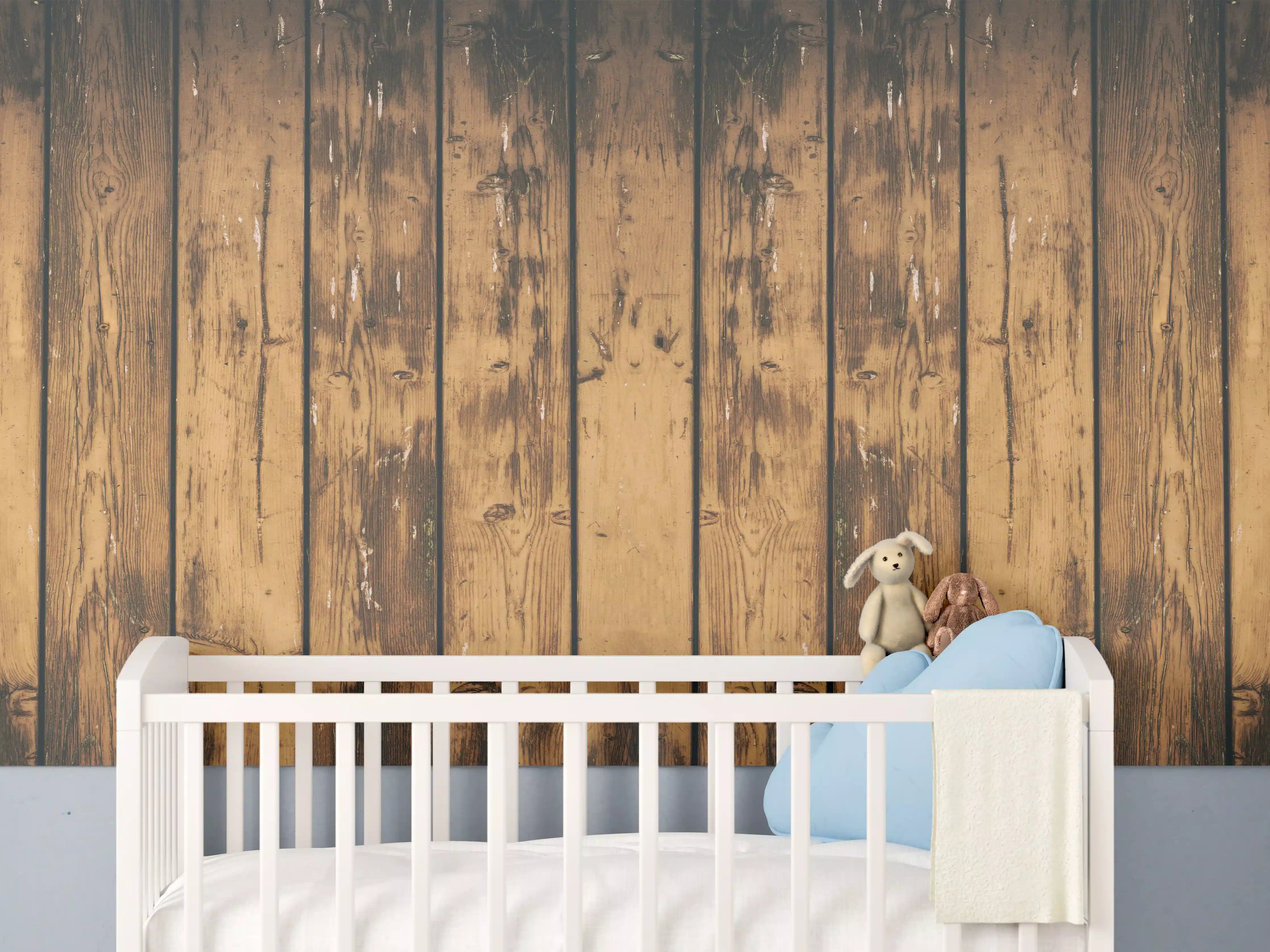 Babyzimmer Wandgestaltung - Aneinandergereihte leicht angebrannte Holzplatten