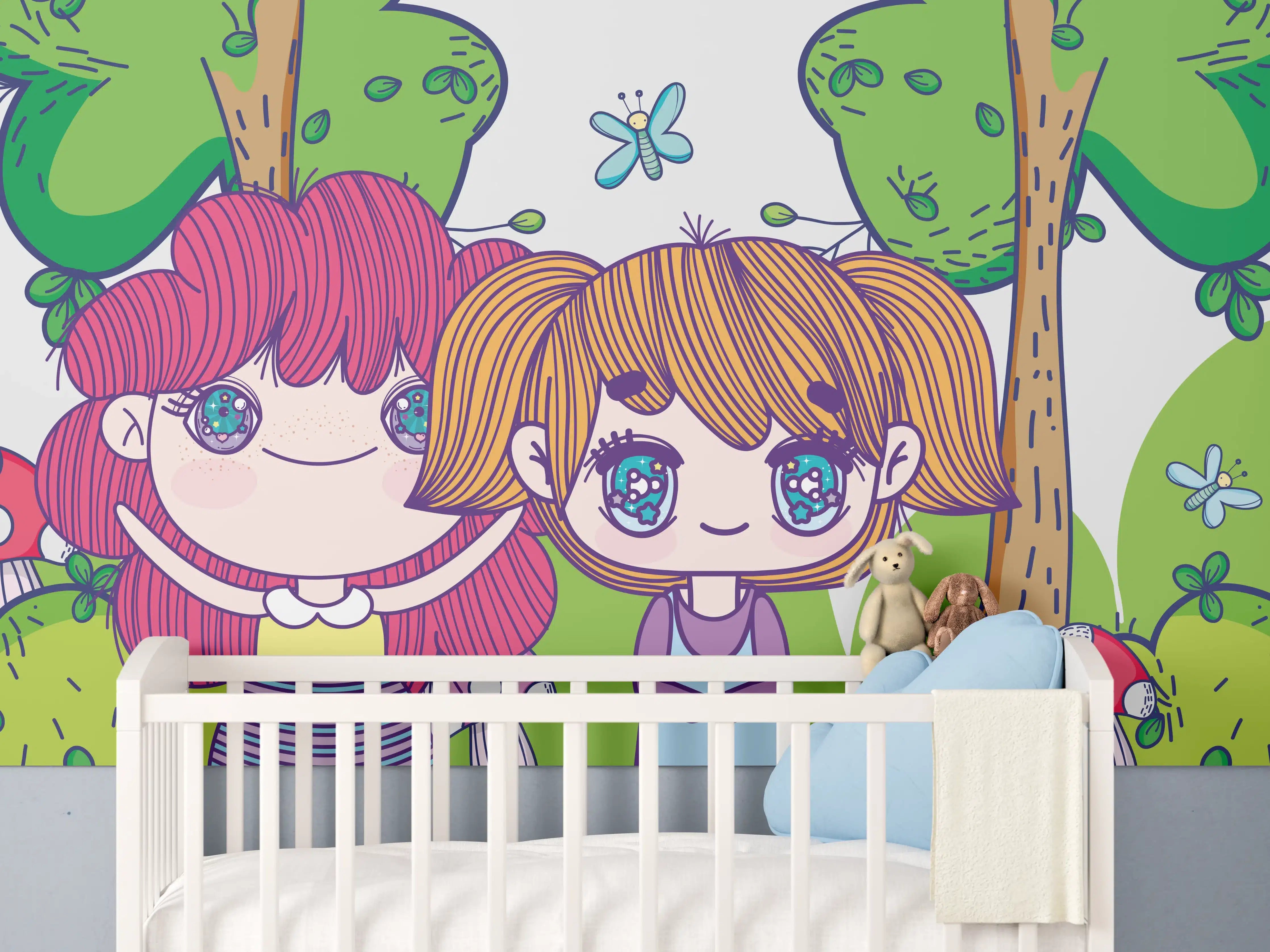 Babyzimmer Wandgestaltung - Anime-Mädchen im Zauberwald