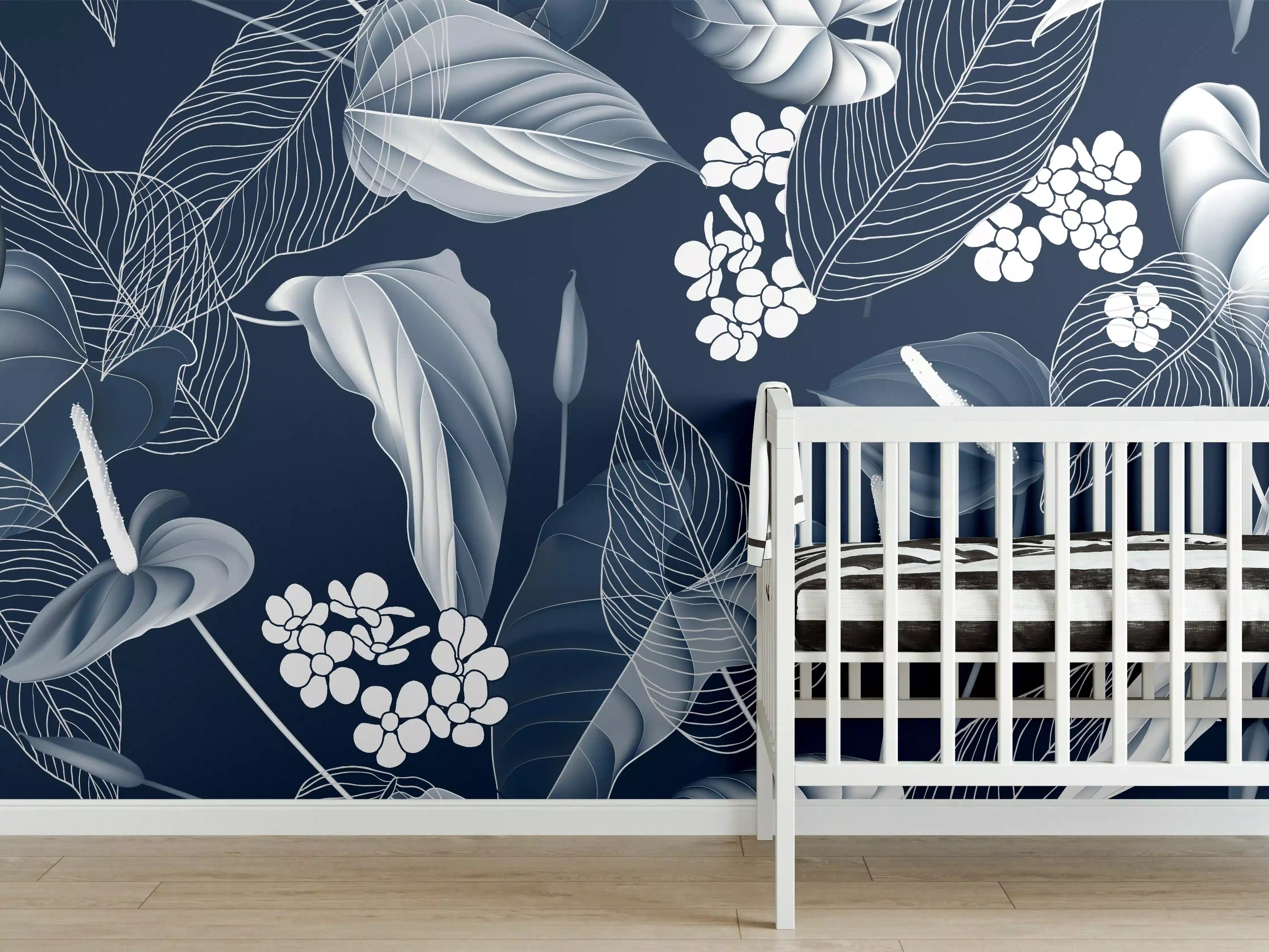 Babyzimmer Wandgestaltung - Anthurium Blumen Dunkelblau Muster