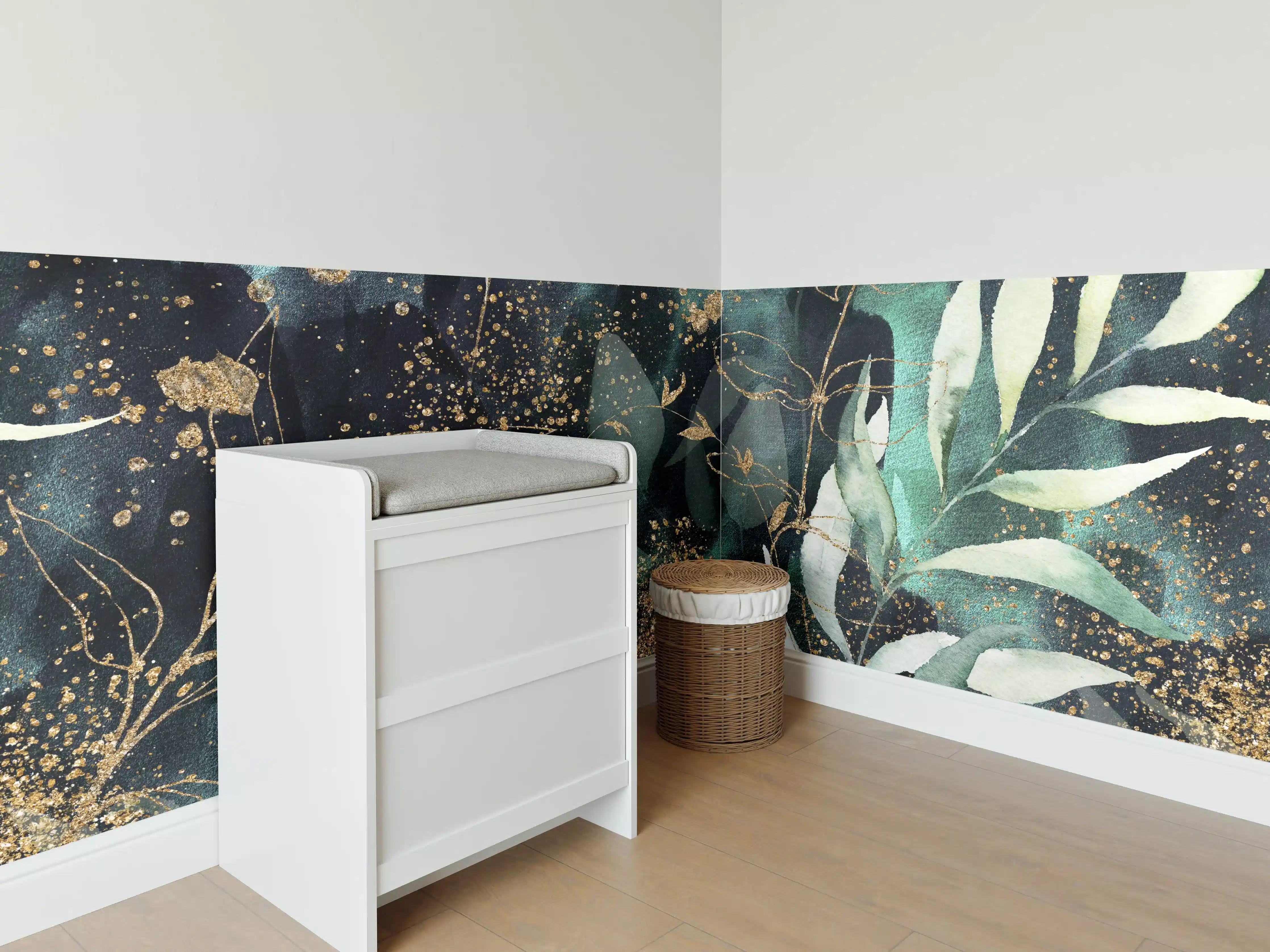 Babyzimmer Wandgestaltung - Aquarell - abstrakte Blumen mit gold