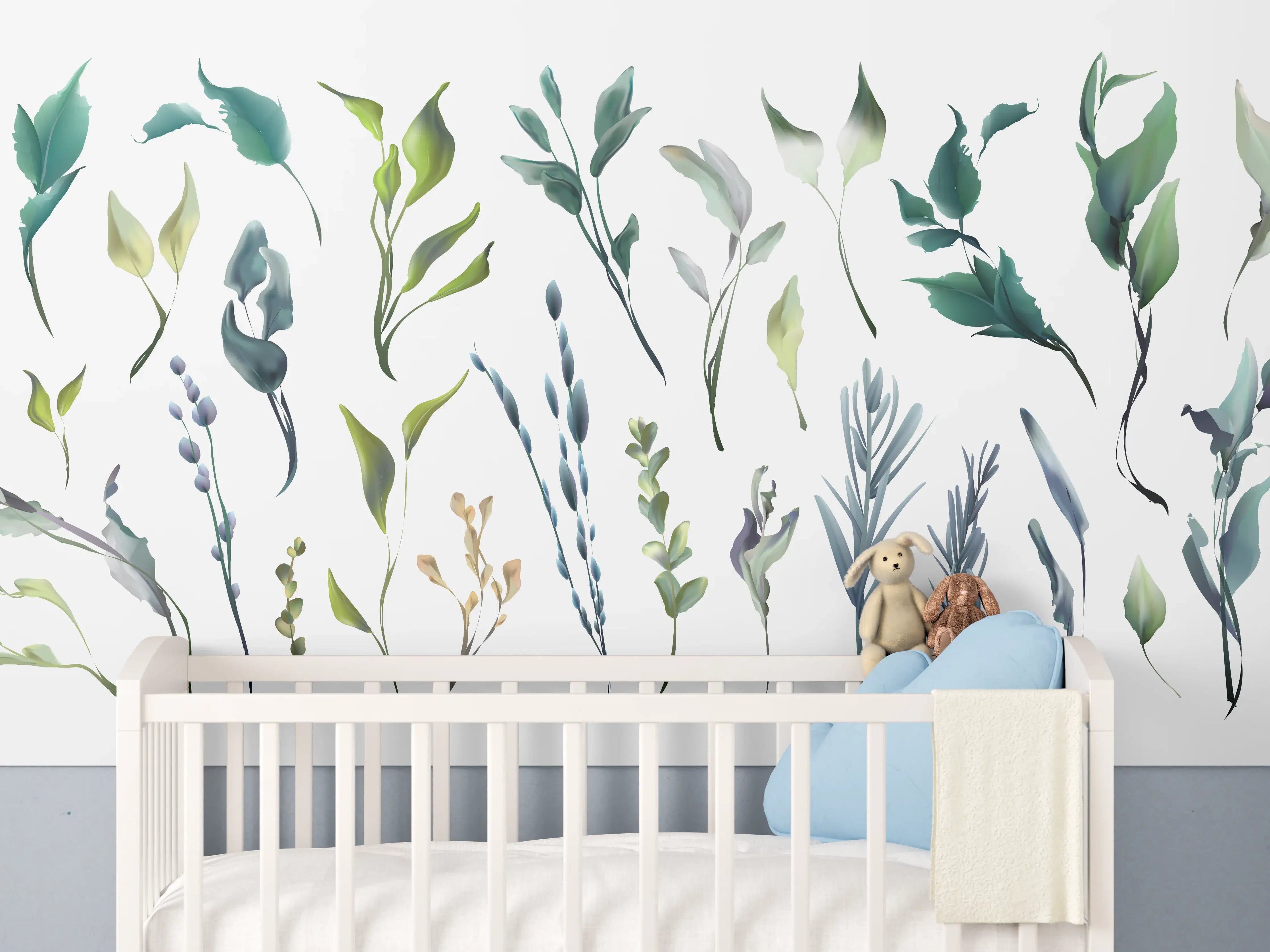 Babyzimmer Wandgestaltung - Aquarell Blätter Silhouetten Set