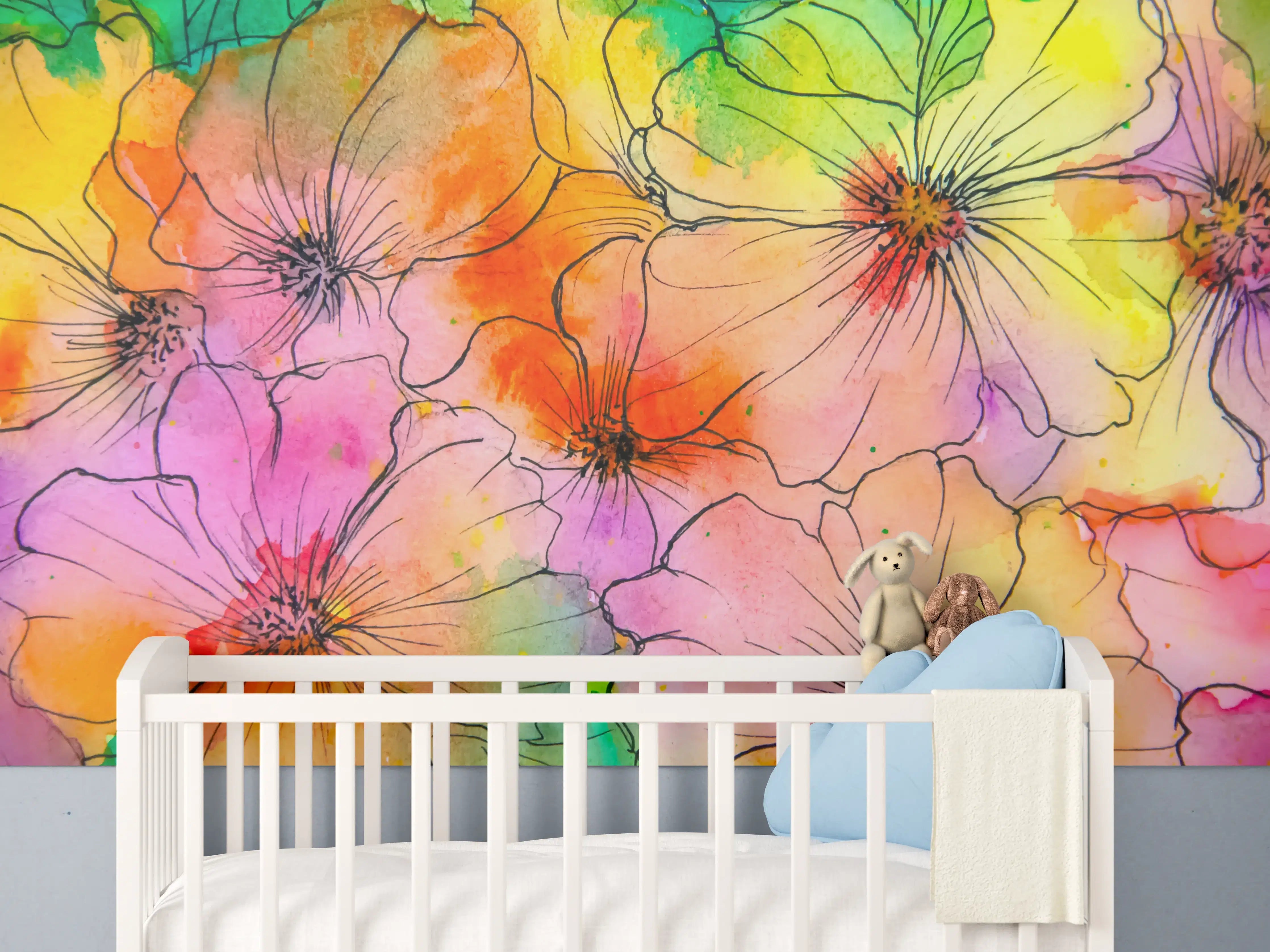 Babyzimmer Wandgestaltung - Aquarell Blumen Malerei