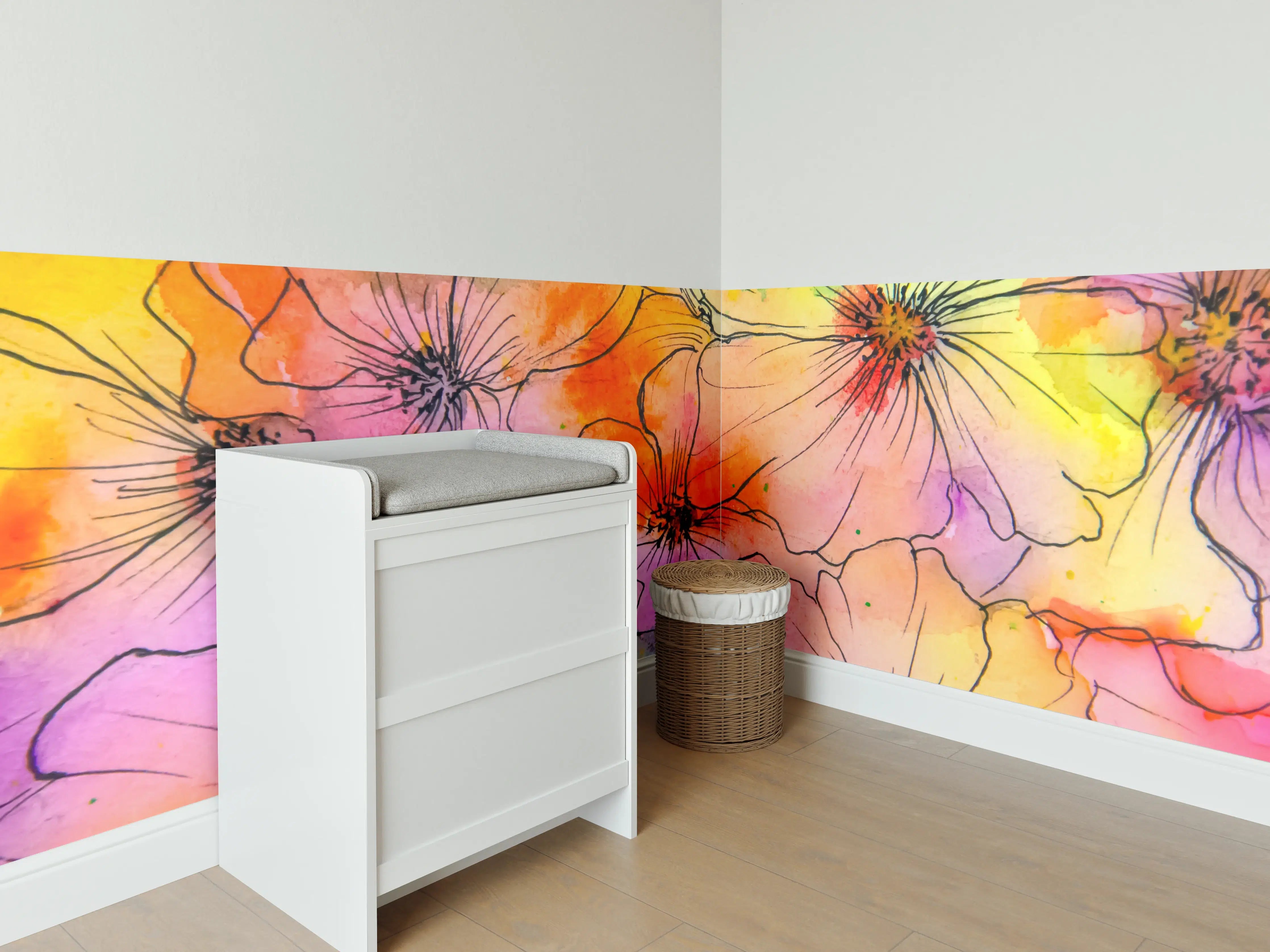Babyzimmer Wandgestaltung - Aquarell Blumen Malerei