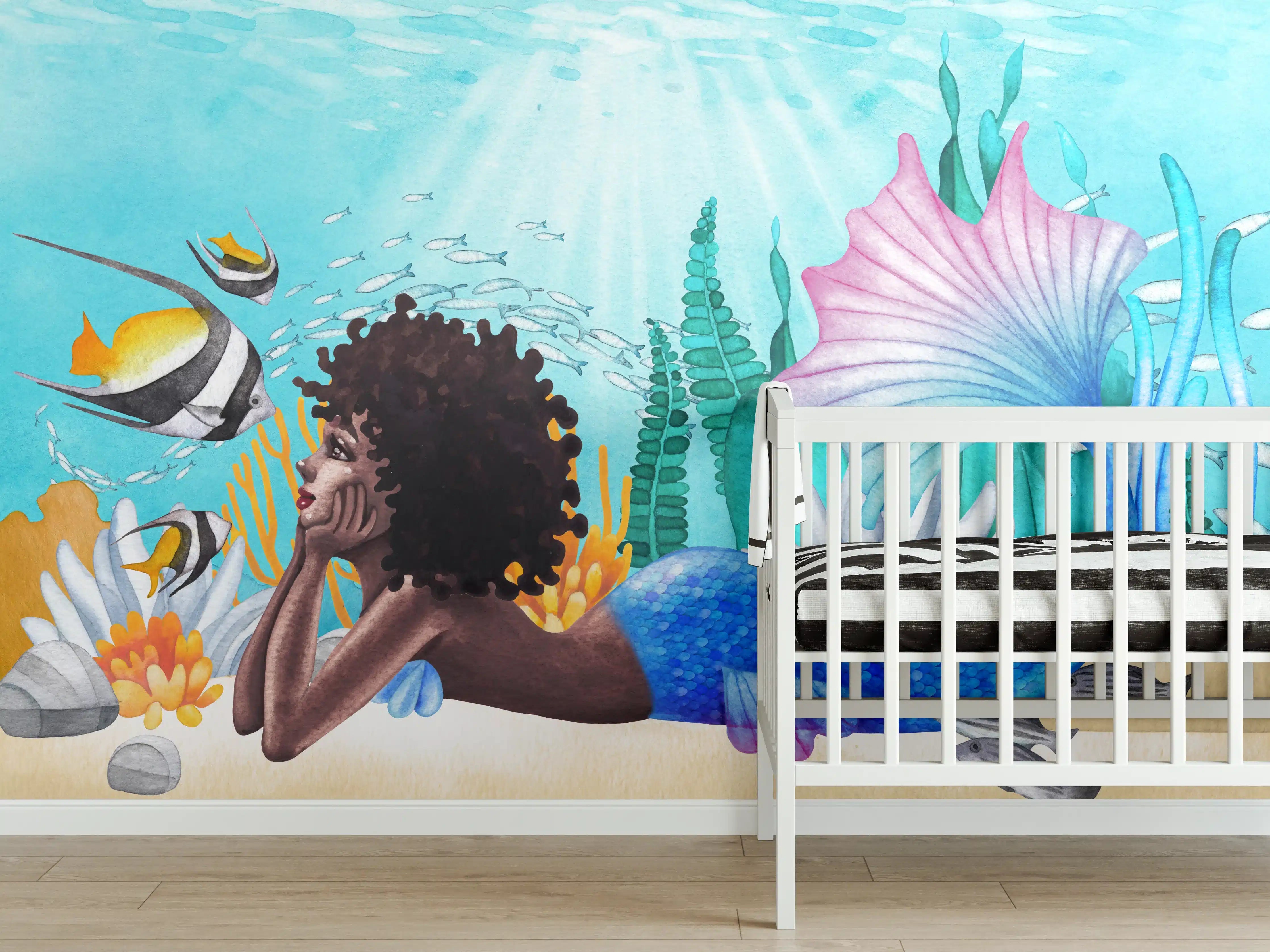 Babyzimmer Wandgestaltung - Aquarell Meerjungfrau liegt am Boden des Ozean