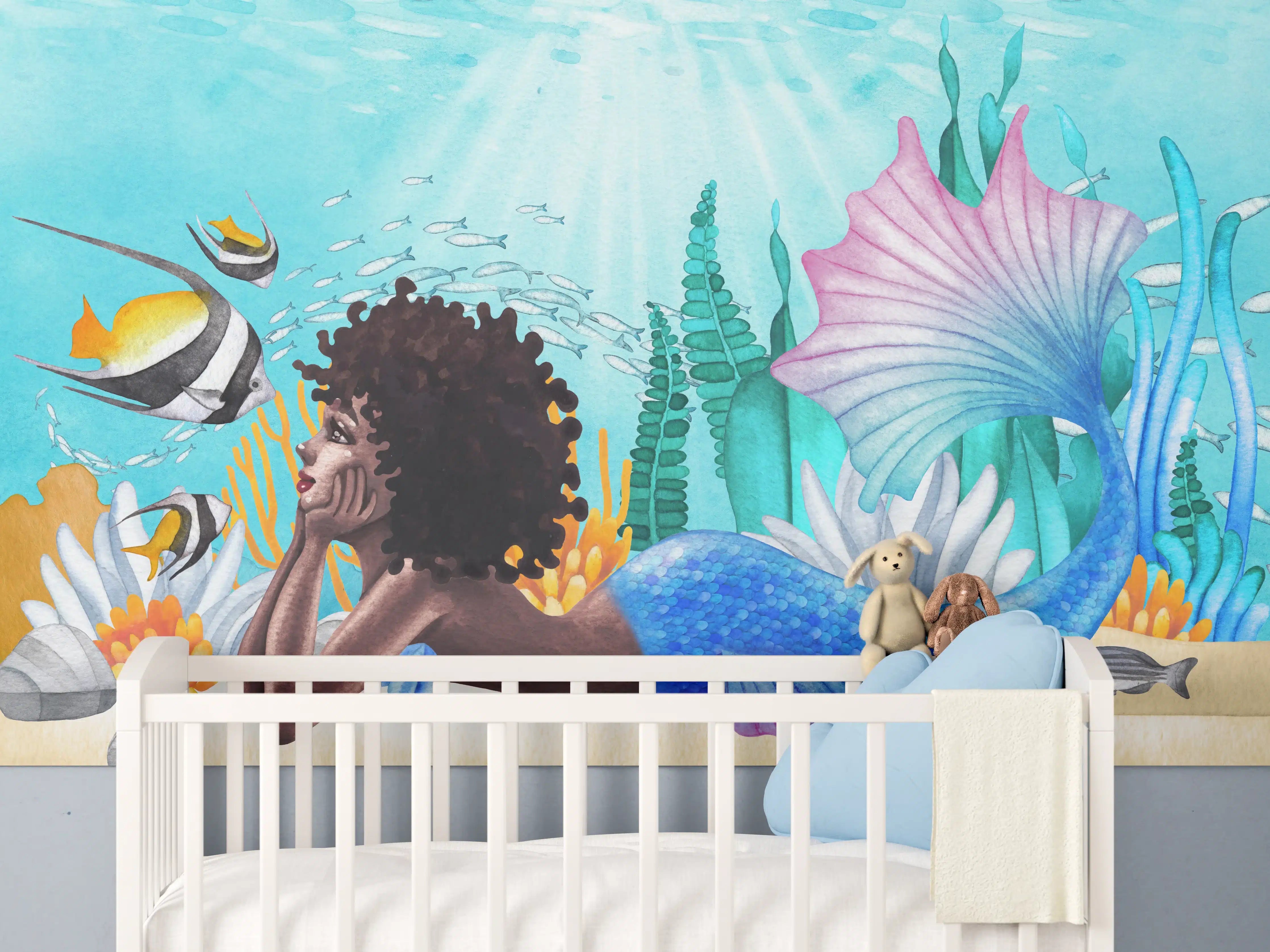 Babyzimmer Wandgestaltung - Aquarell Meerjungfrau liegt am Boden des Ozean