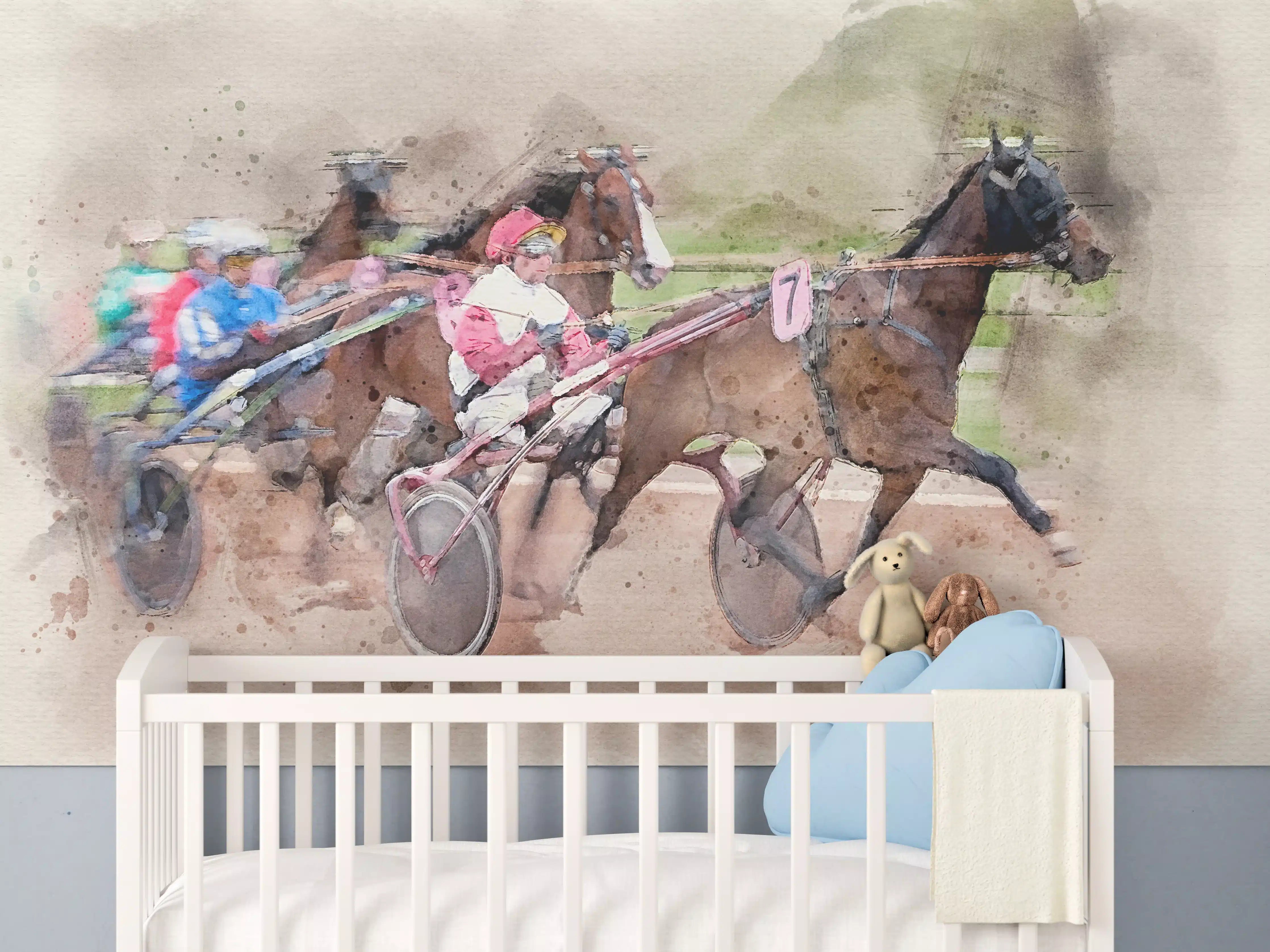 Babyzimmer Wandgestaltung - Aquarell eines Trabrennens