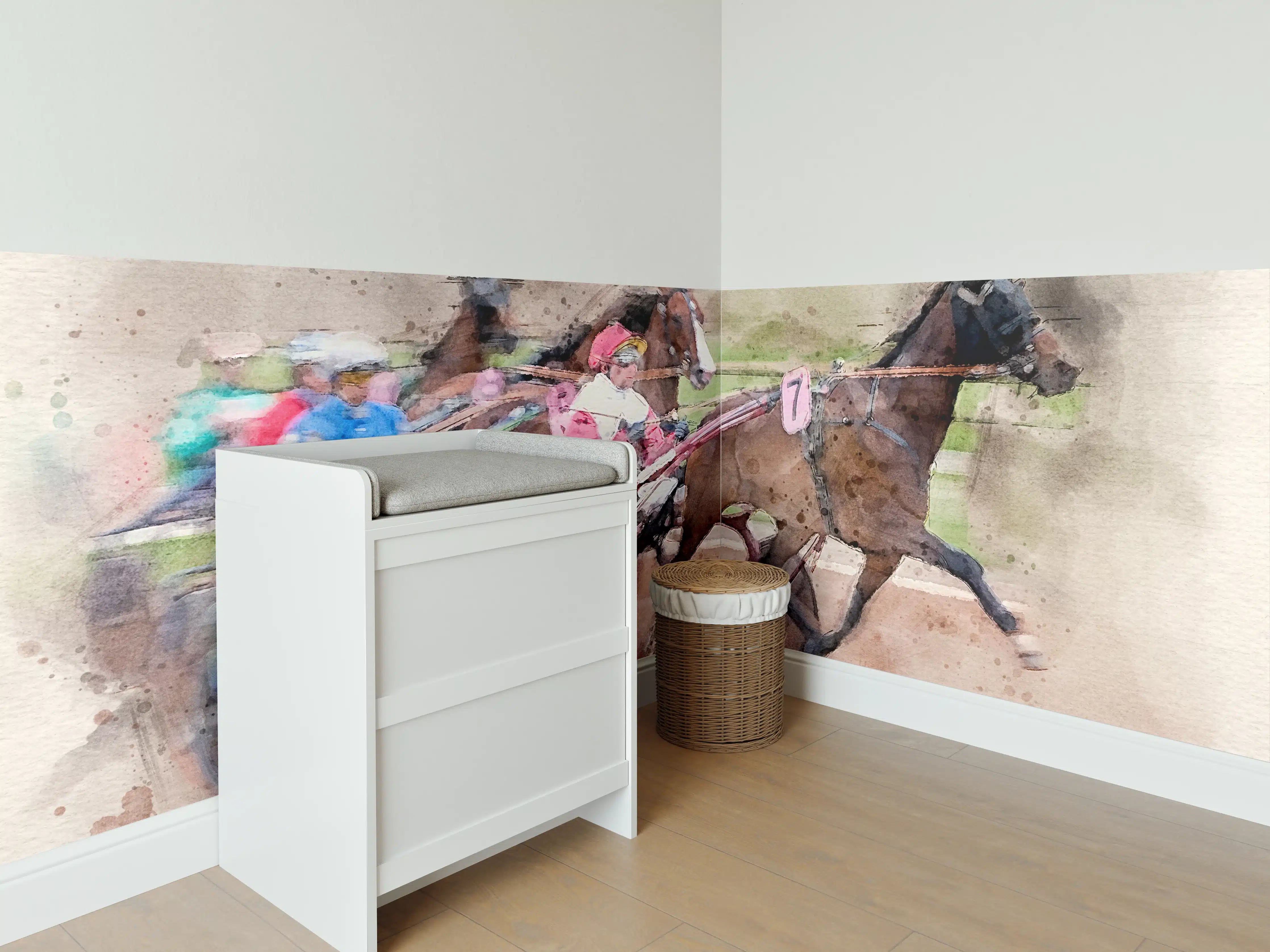 Babyzimmer Wandgestaltung - Aquarell eines Trabrennens