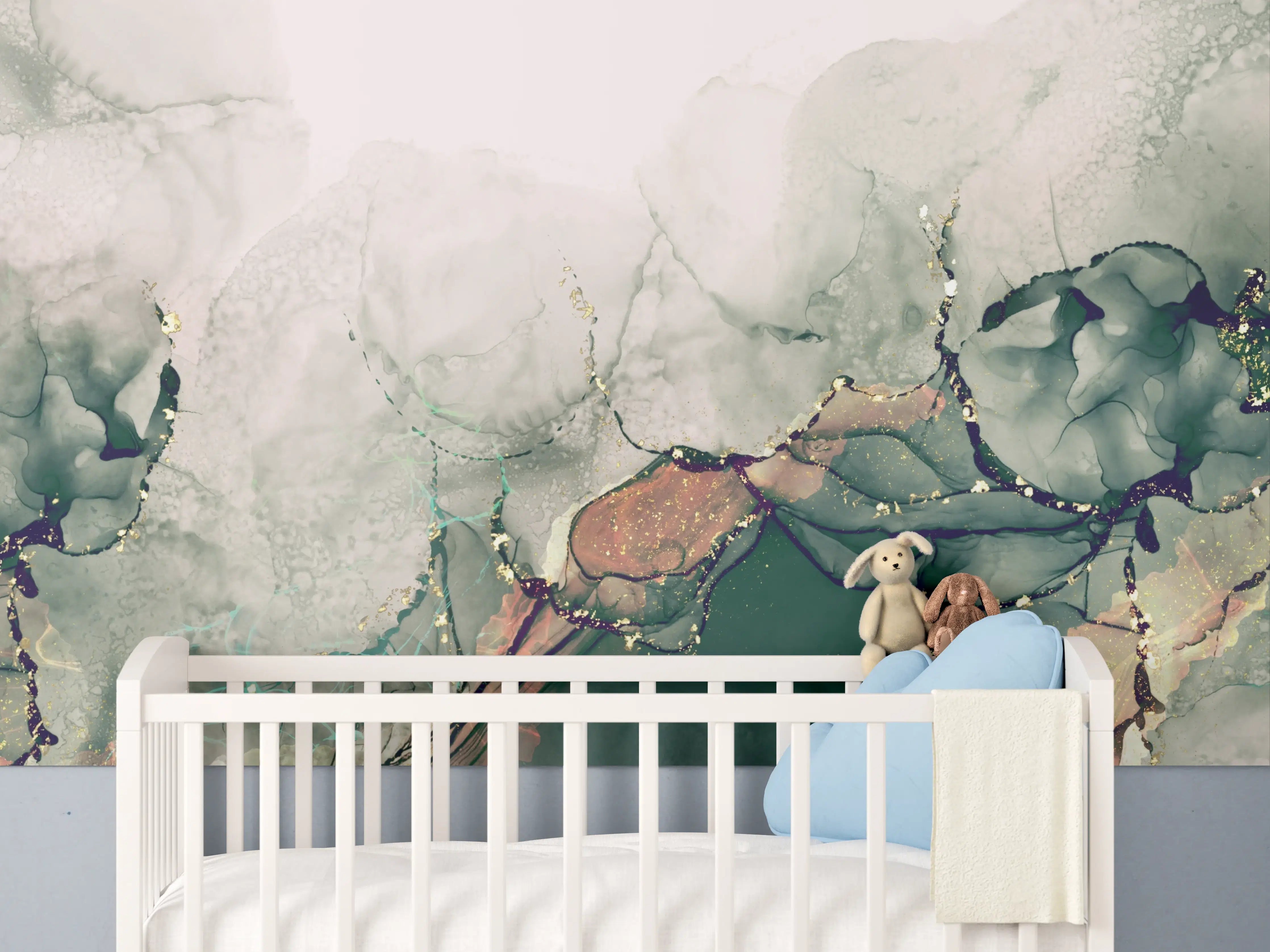Babyzimmer Wandgestaltung - Aquarellartige Grün- und Beigetöne mit Wasserstruktur