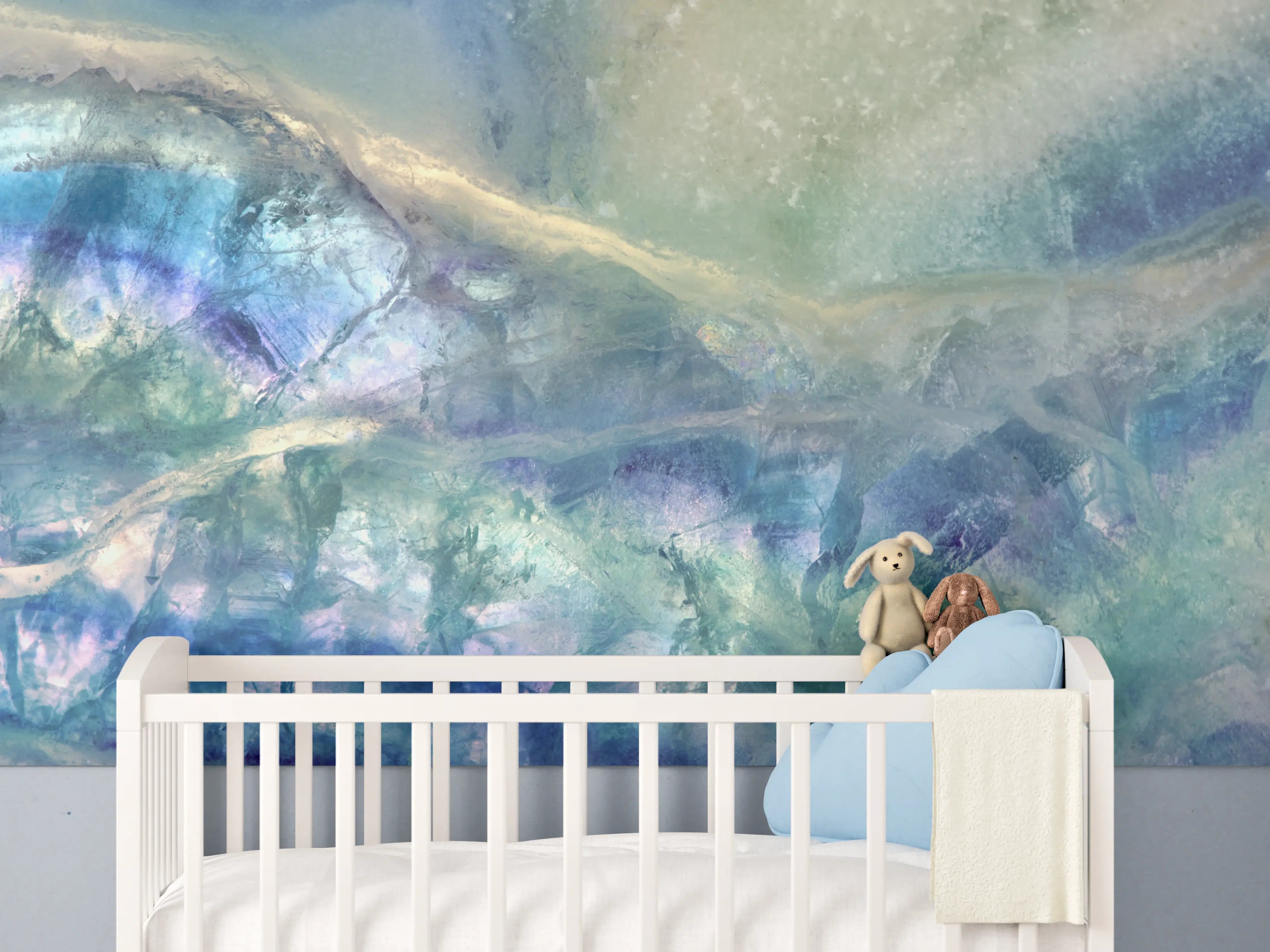 Babyzimmer Wandgestaltung - Aquarellartige Meereslandschaft mit sanften Blau- und Grüntönen