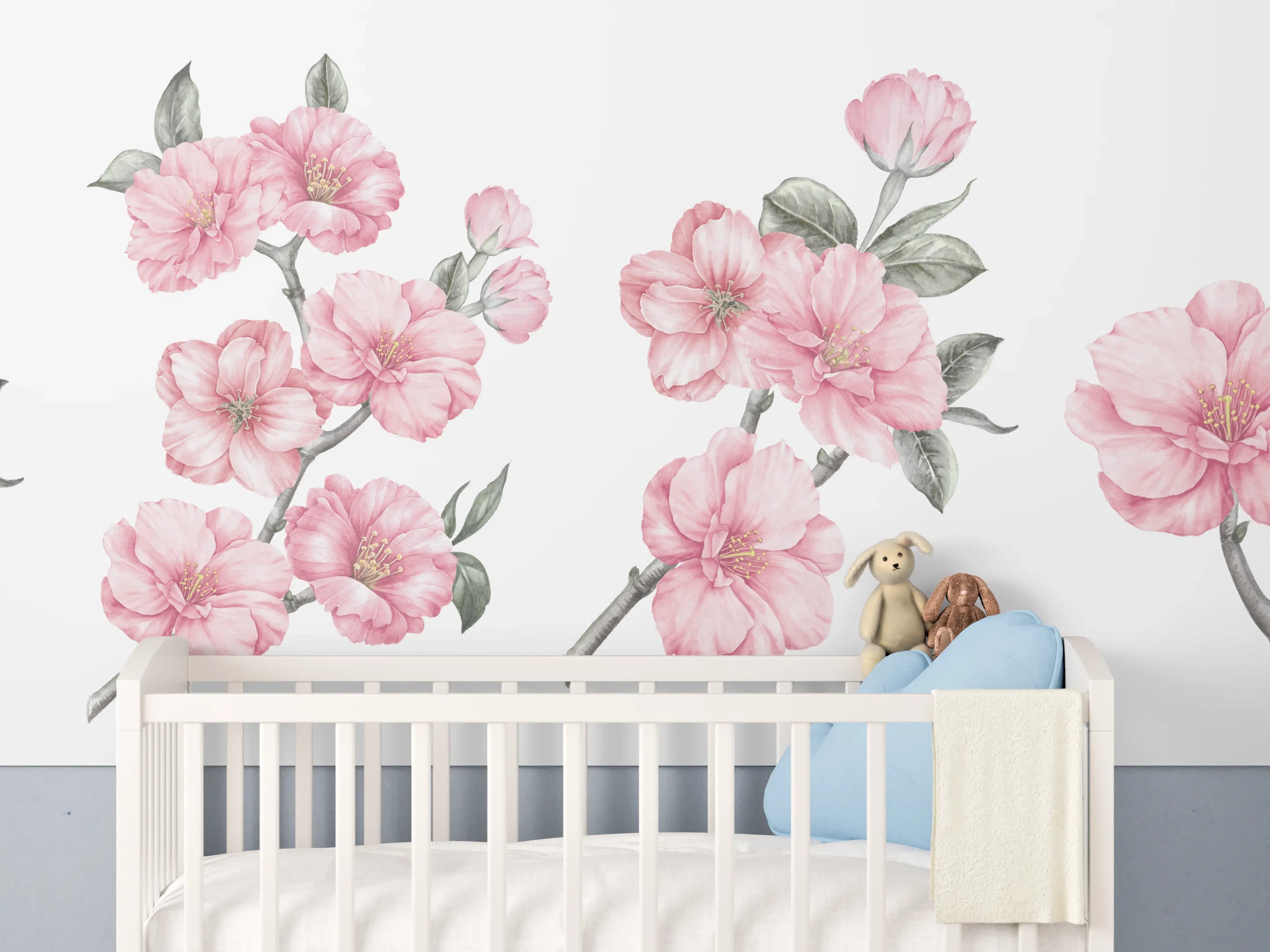 Babyzimmer Wandgestaltung - Aquarellelemente von blühenden Sakura