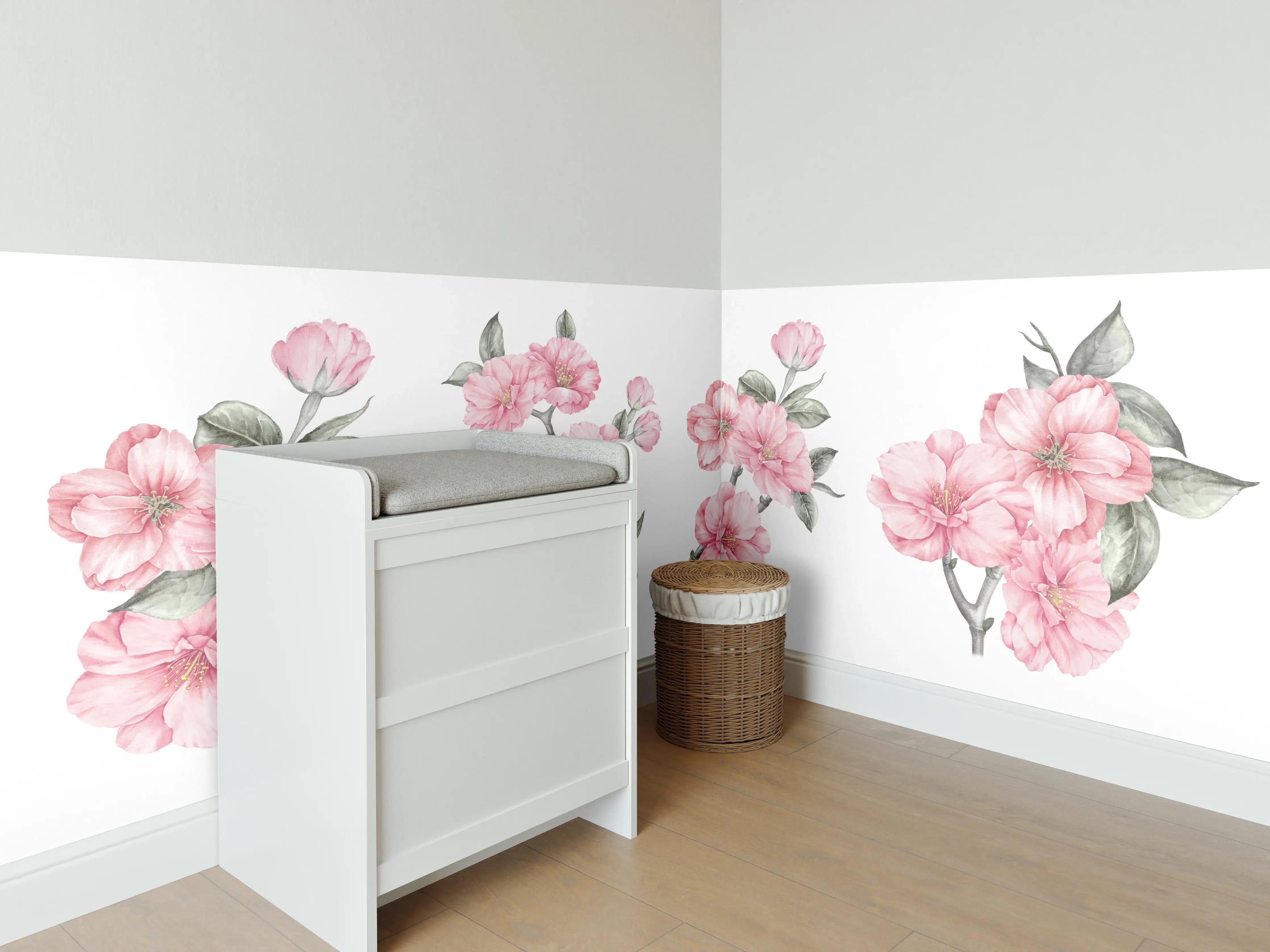 Babyzimmer Wandgestaltung - Aquarellelemente von blühenden Sakura