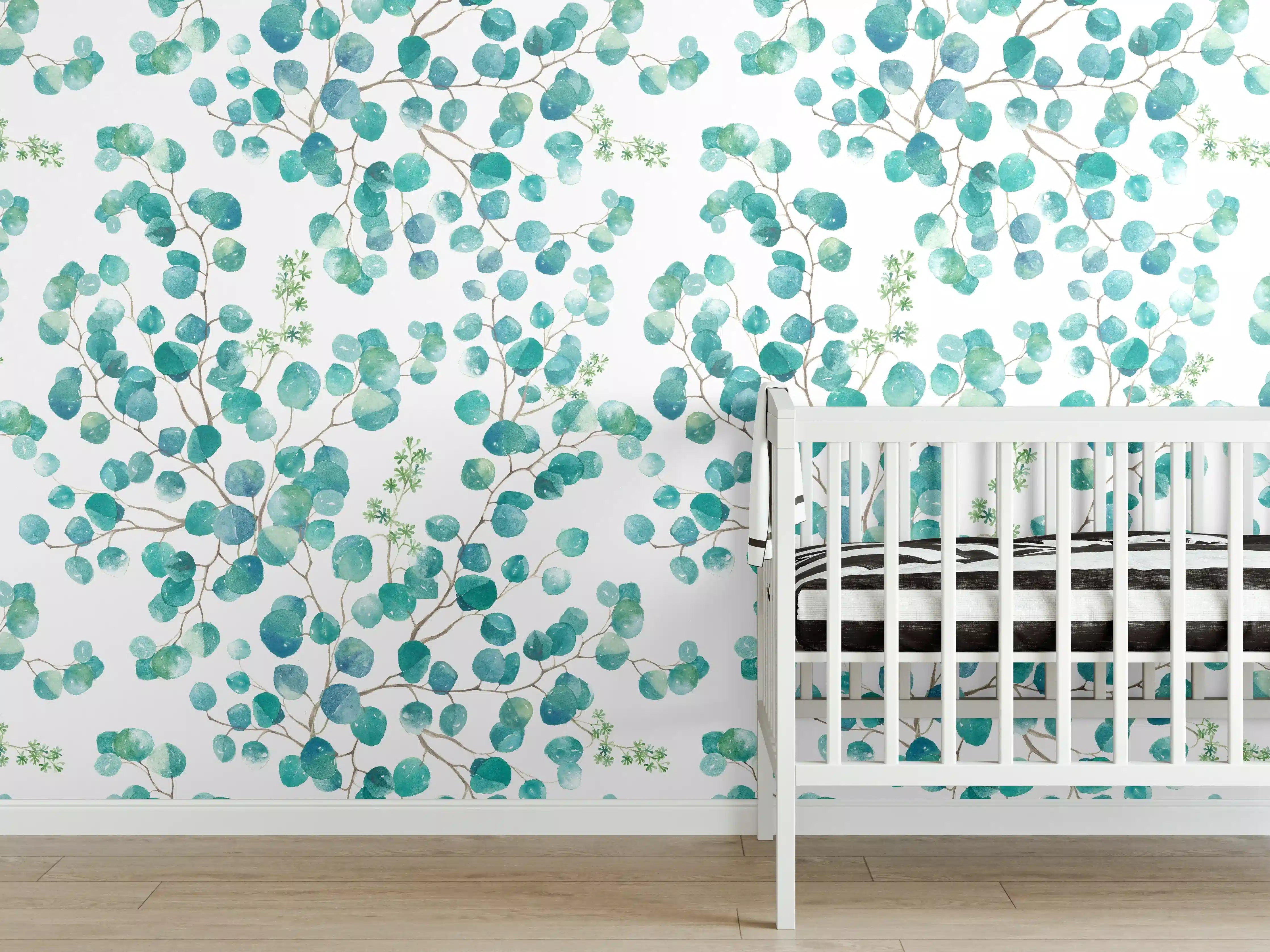 Babyzimmer Wandgestaltung - Aquarellhafte Eukalyptus-Blätter in Blau und Grün