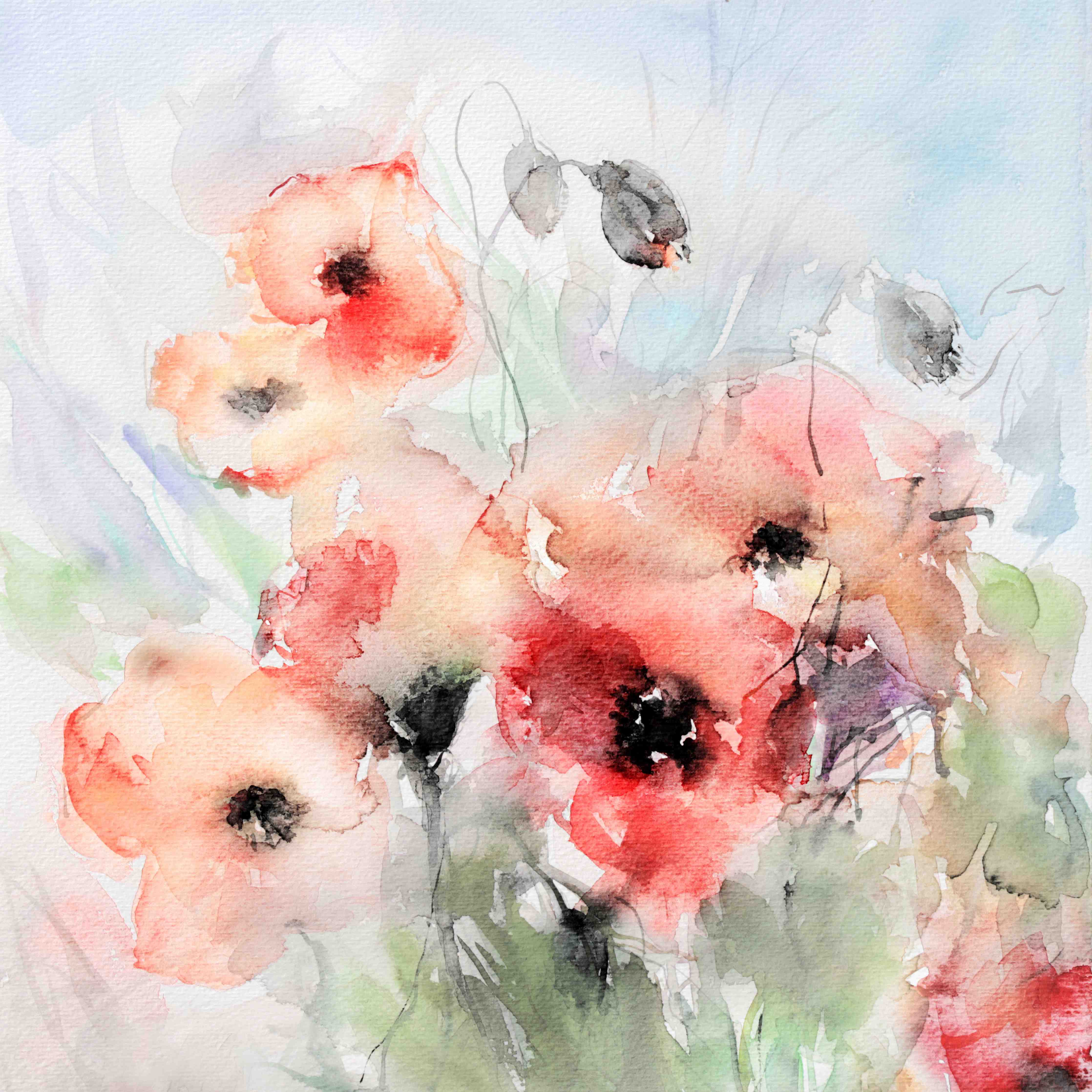 Babyzimmer Wandgestaltung-Aquarellierte Mohnblumen in sanften Pastelltönen