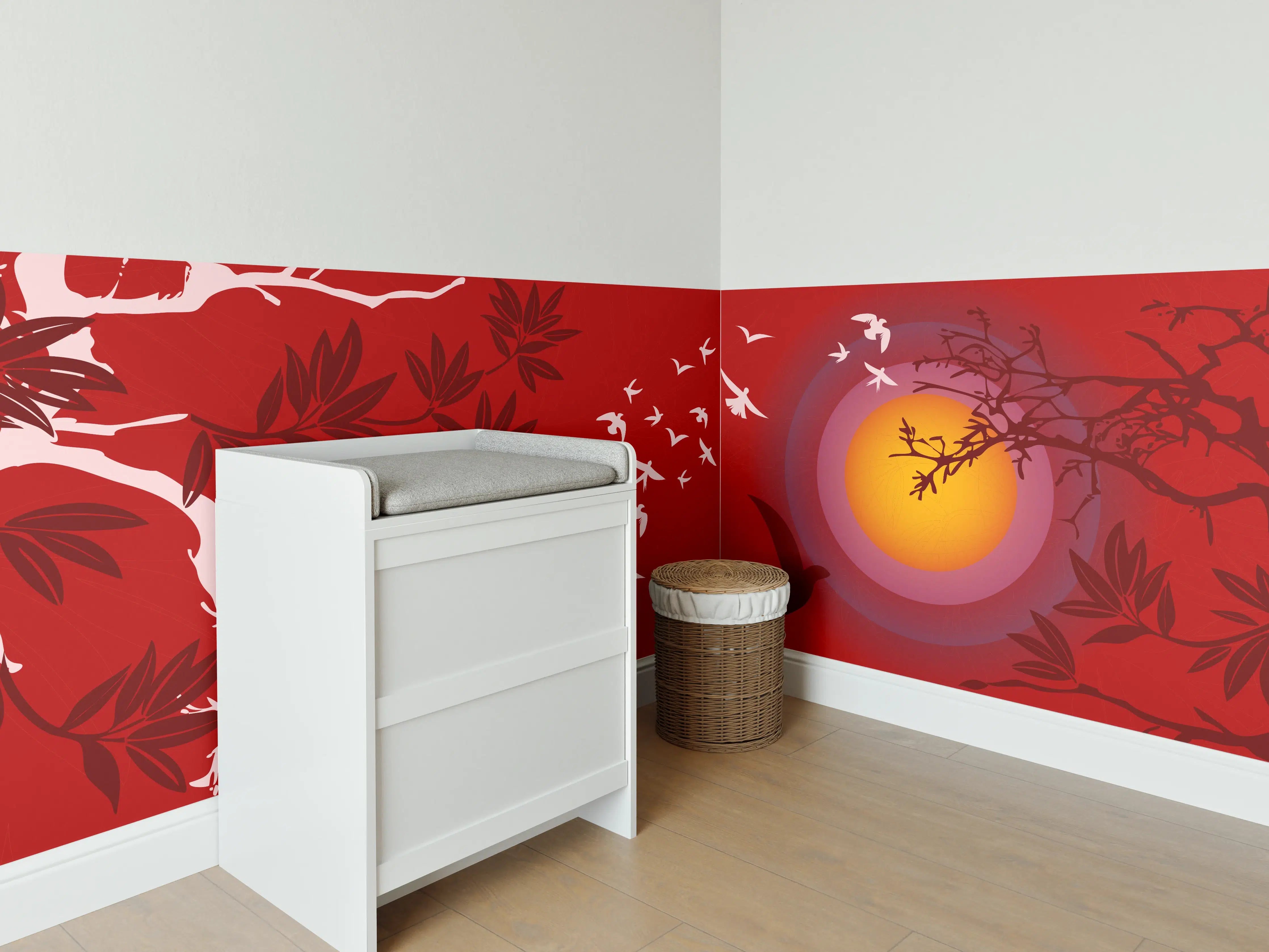 Babyzimmer Wandgestaltung - Asiatischer Sonnenuntergang Rot