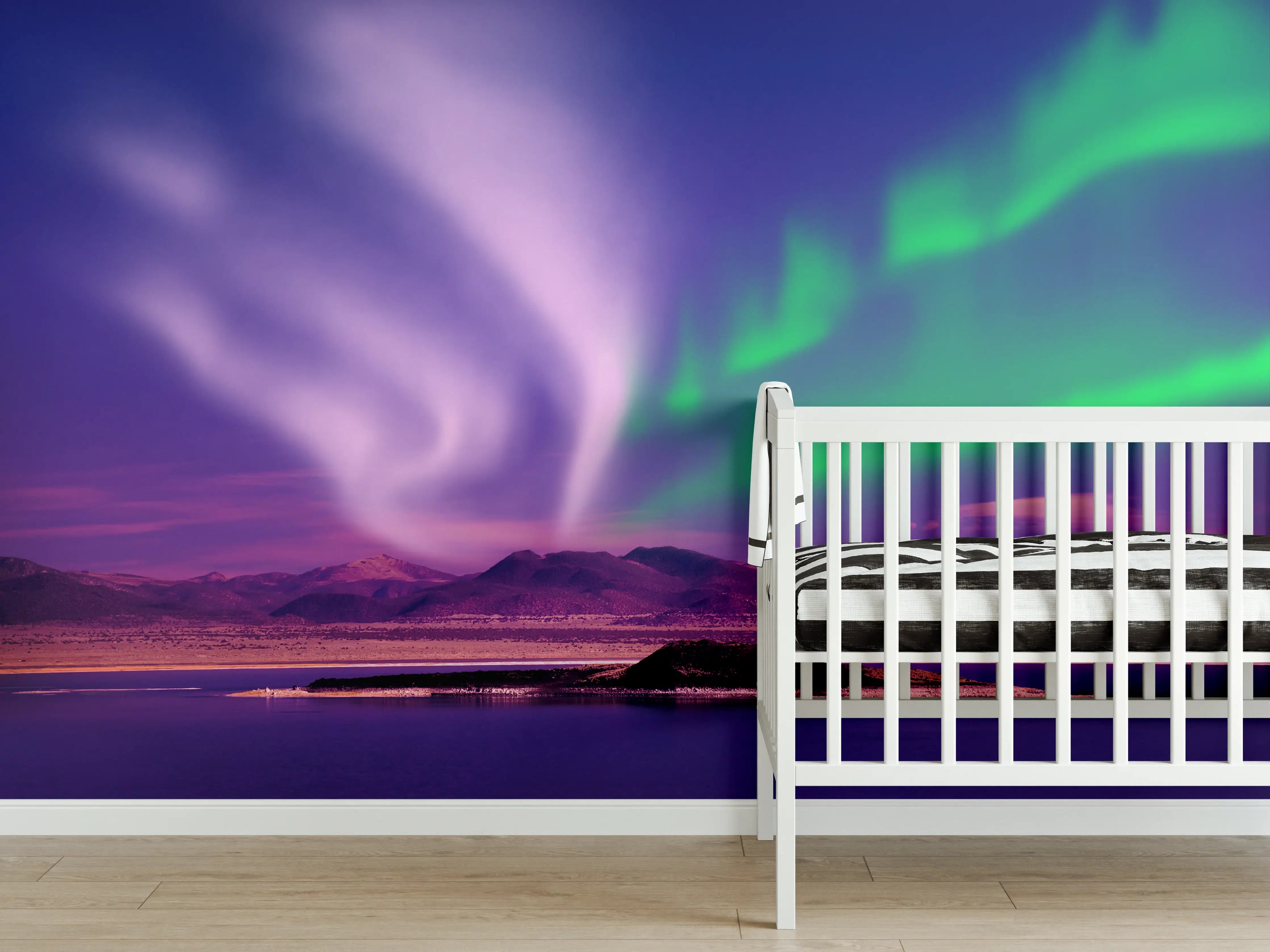 Babyzimmer Wandgestaltung - Aurora Borealis über Berglandschaft bei Nacht