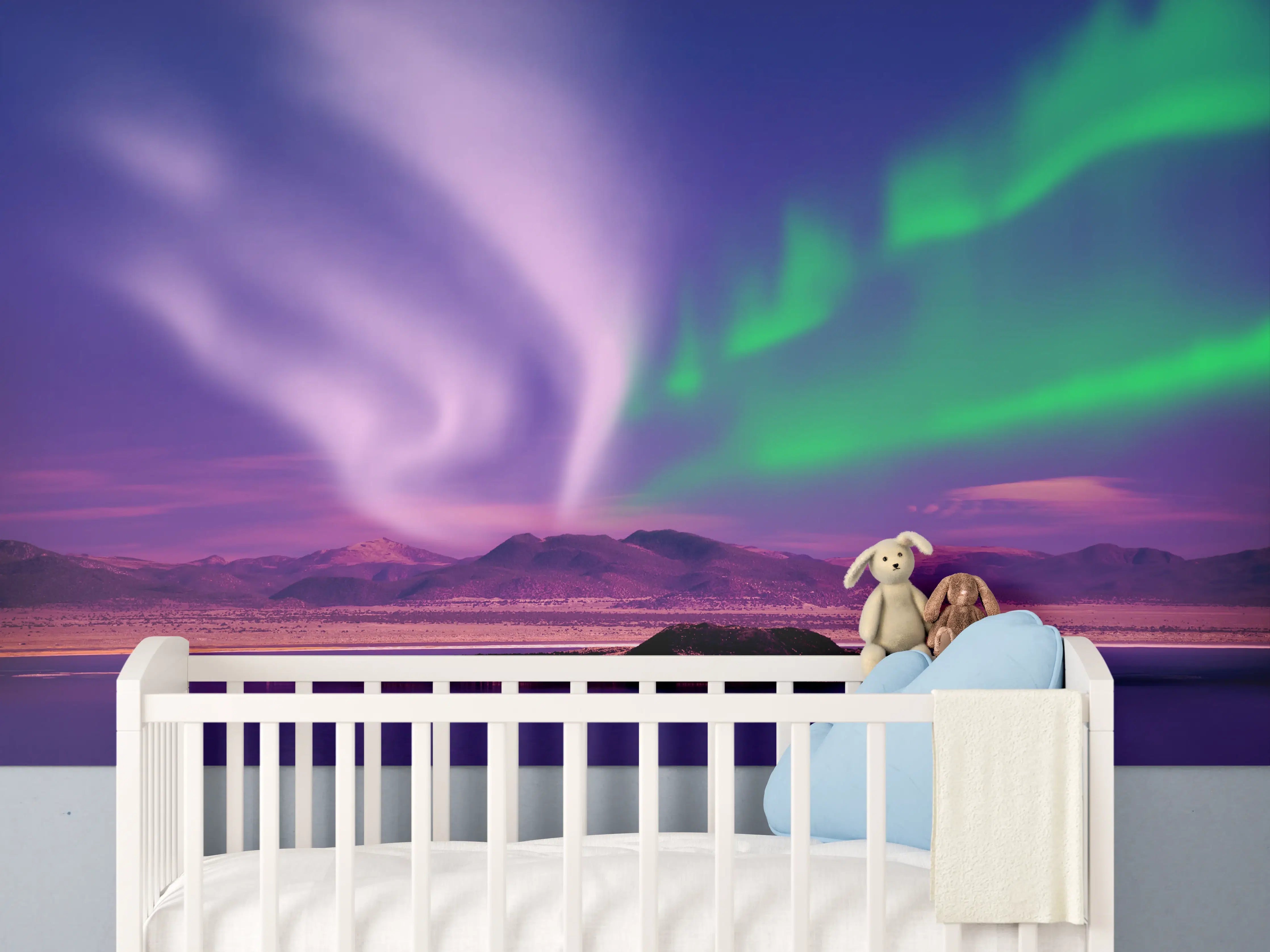 Babyzimmer Wandgestaltung - Aurora Borealis über Berglandschaft bei Nacht