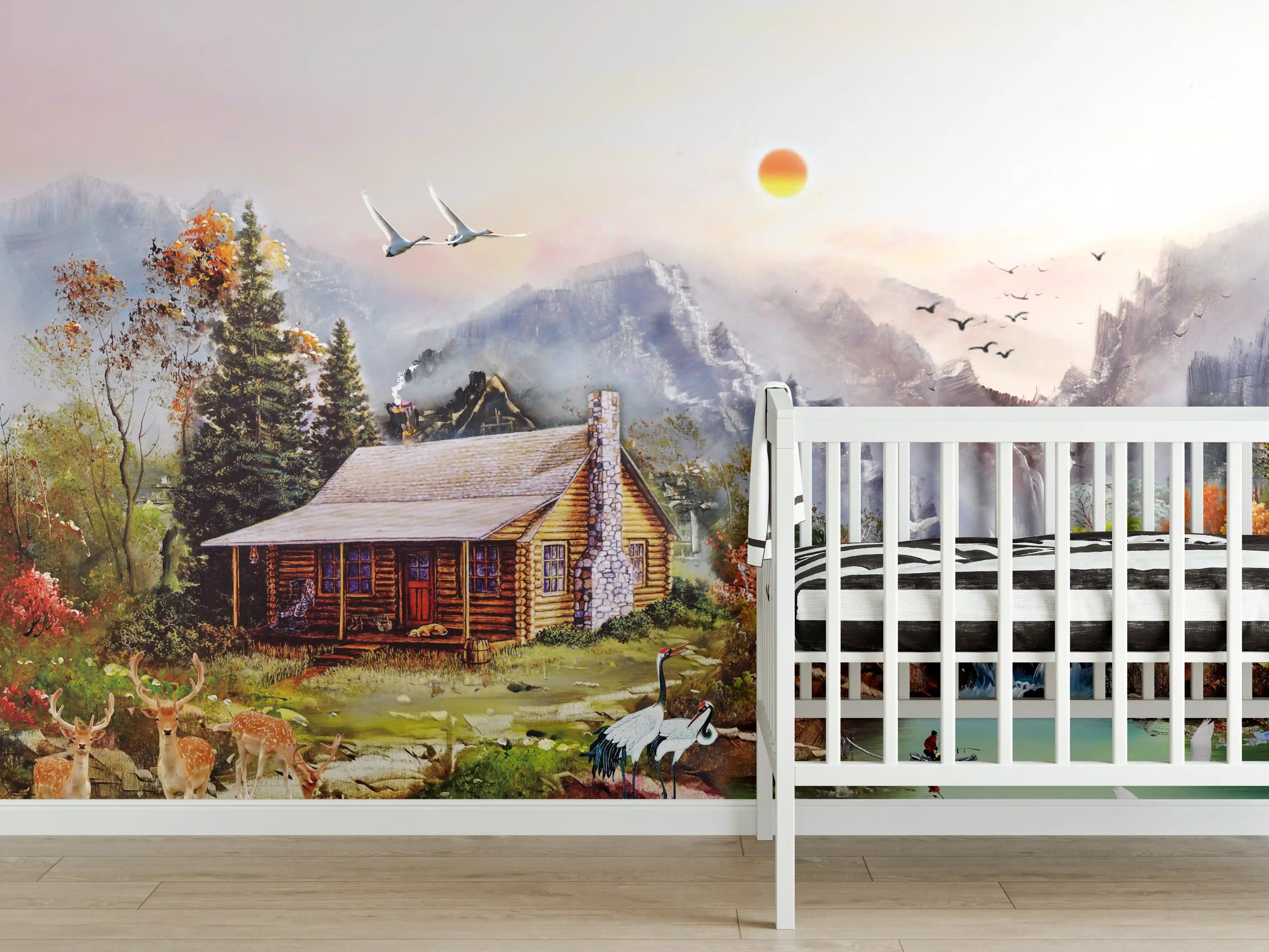 Babyzimmer Wandgestaltung - Aussicht auf eine einsame Hütte am Fluss