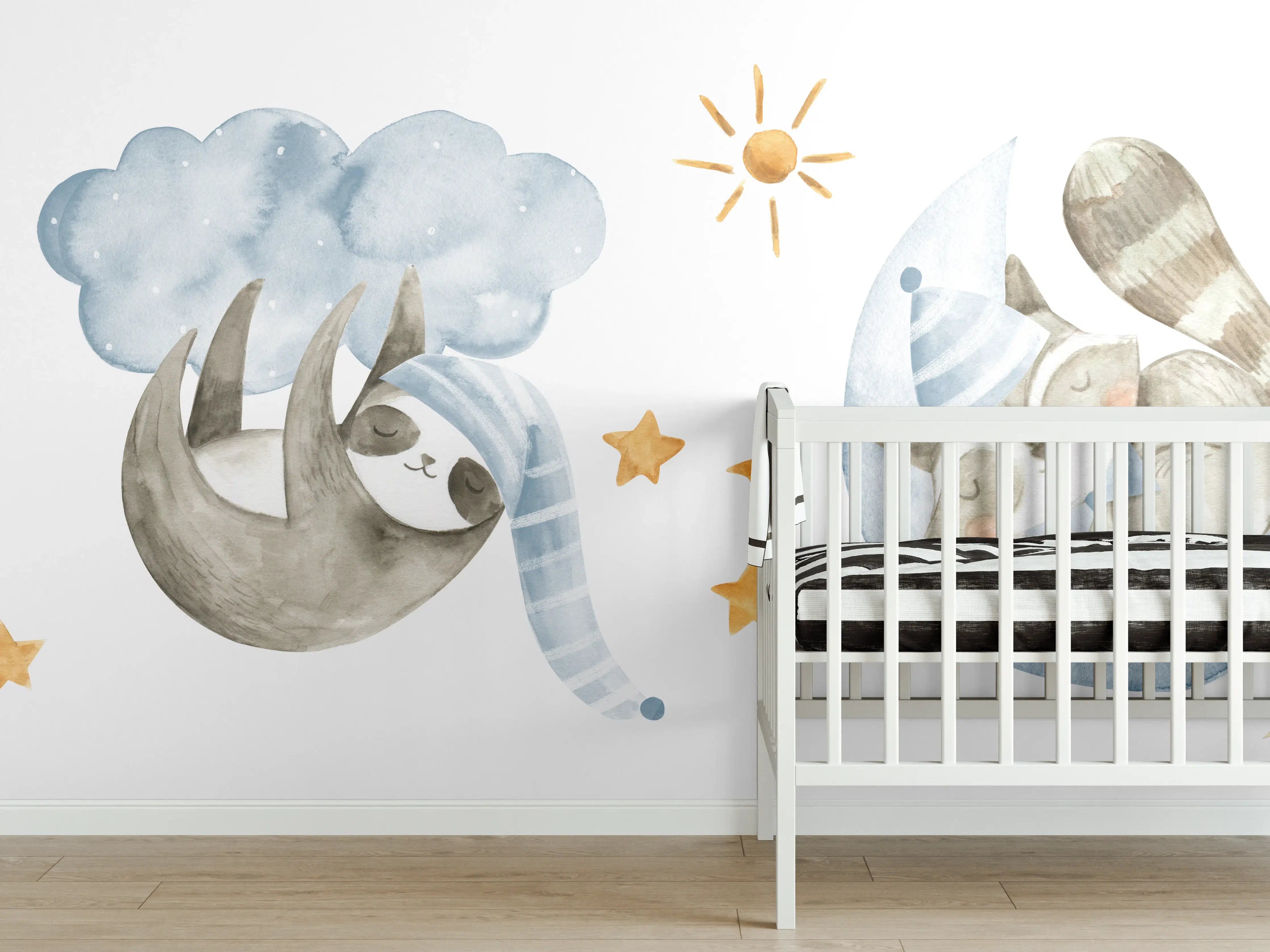 Babyzimmer Wandgestaltung - Babytier-Aquarelle Blautöne