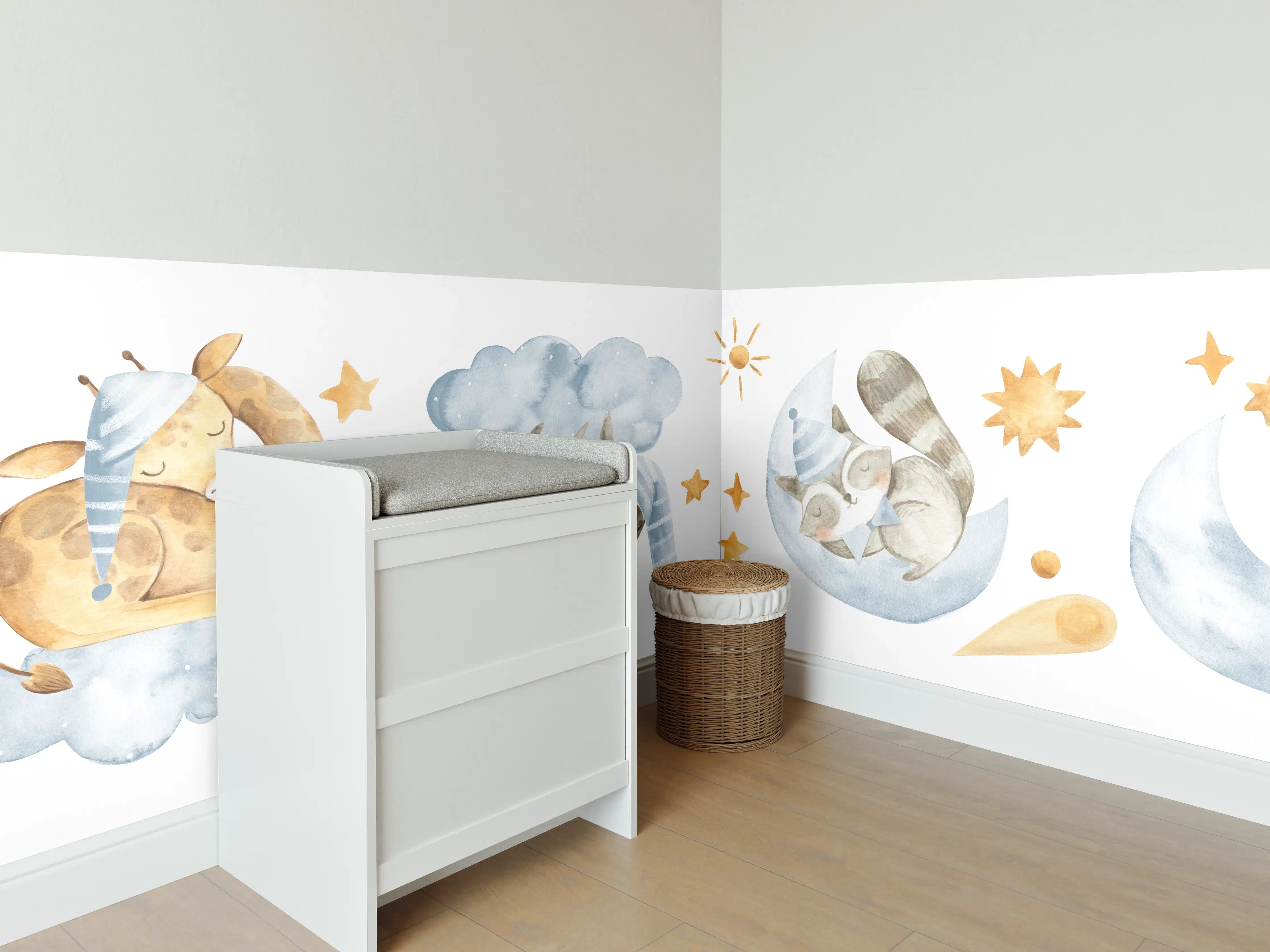 Babyzimmer Wandgestaltung - Babytier-Aquarelle Blautöne