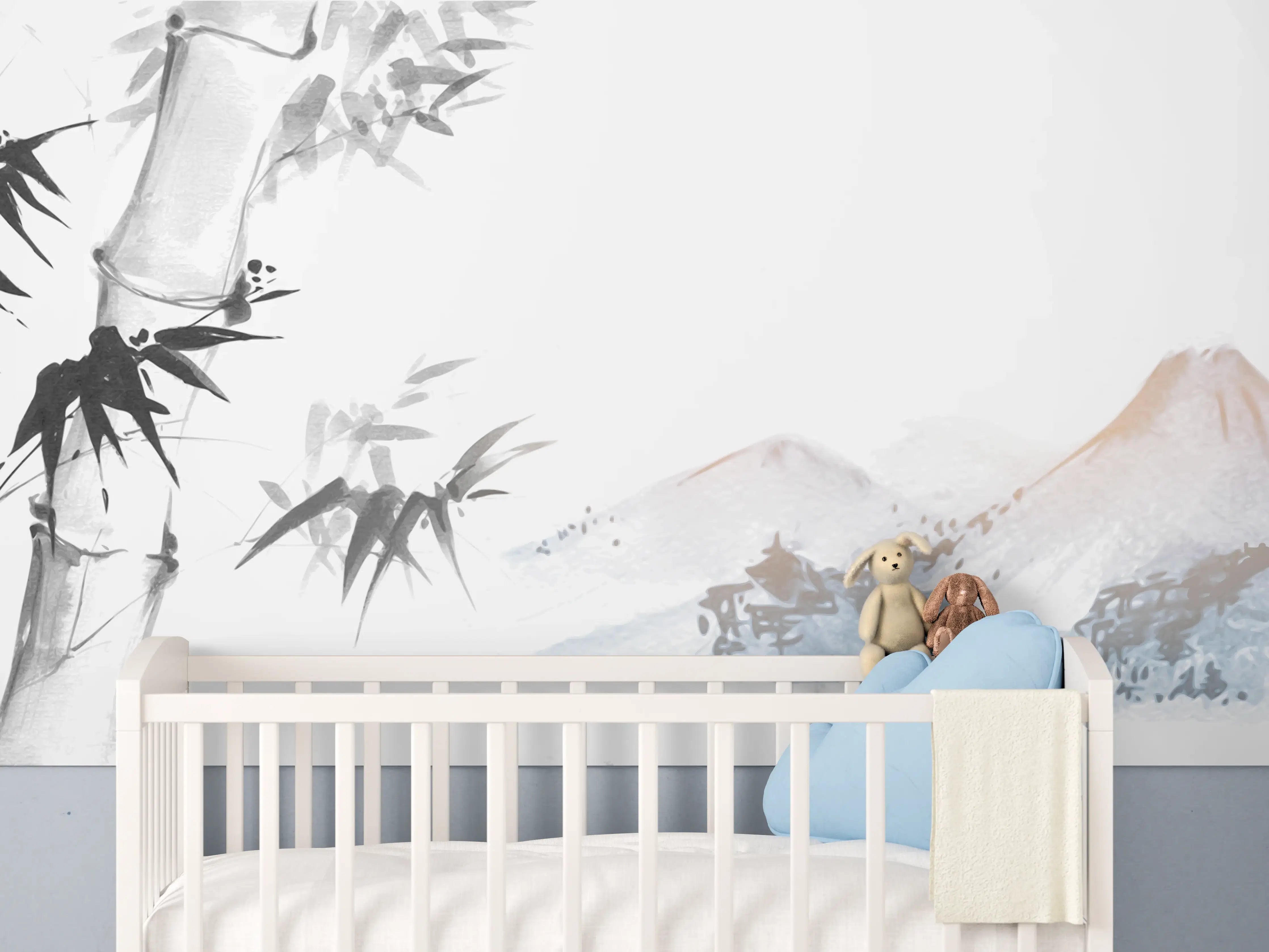 Babyzimmer Wandgestaltung - Bambus Malerei Berglandschaft