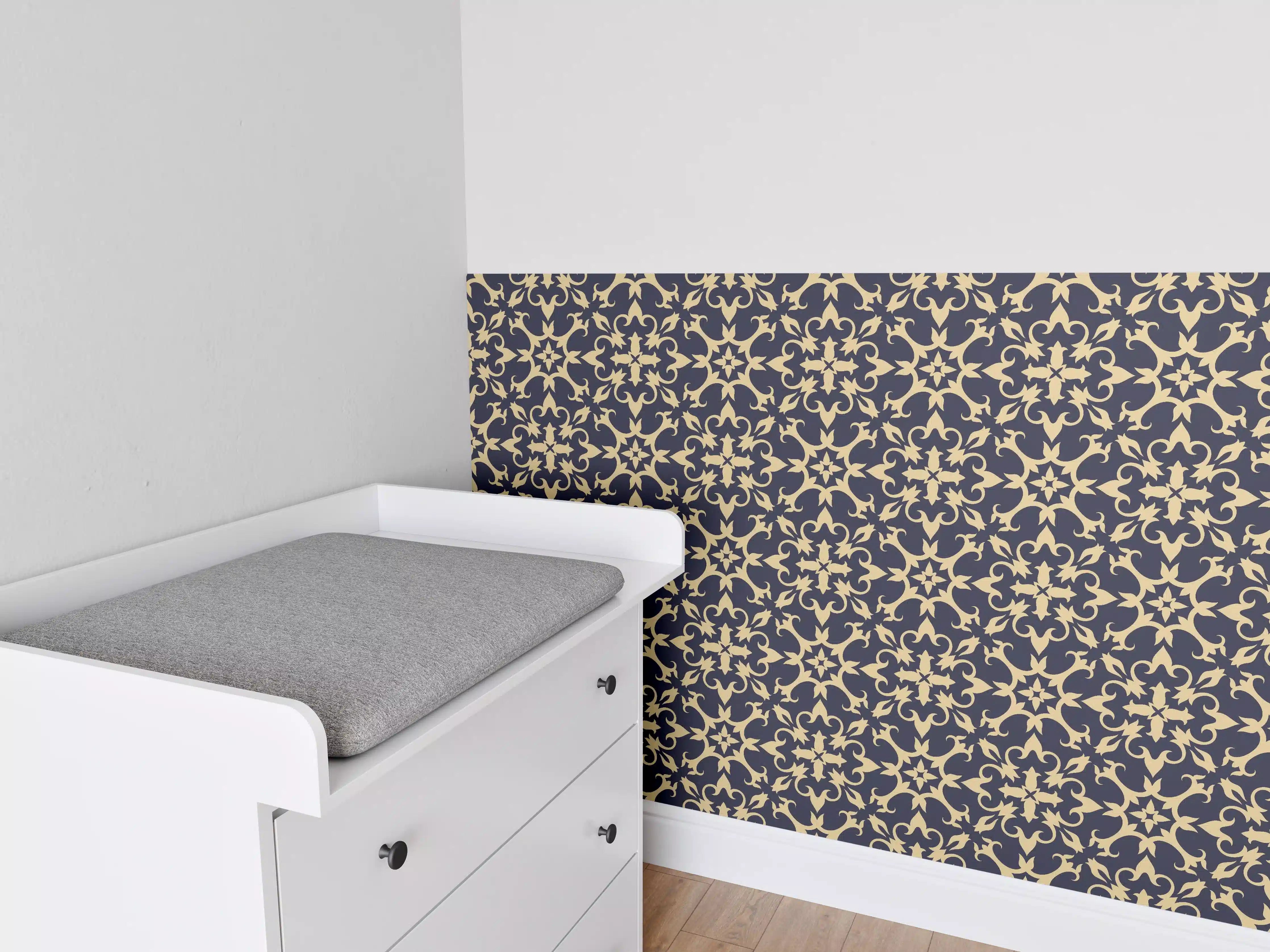 Babyzimmer Wandgestaltung - Barockes Blau-Gold Muster