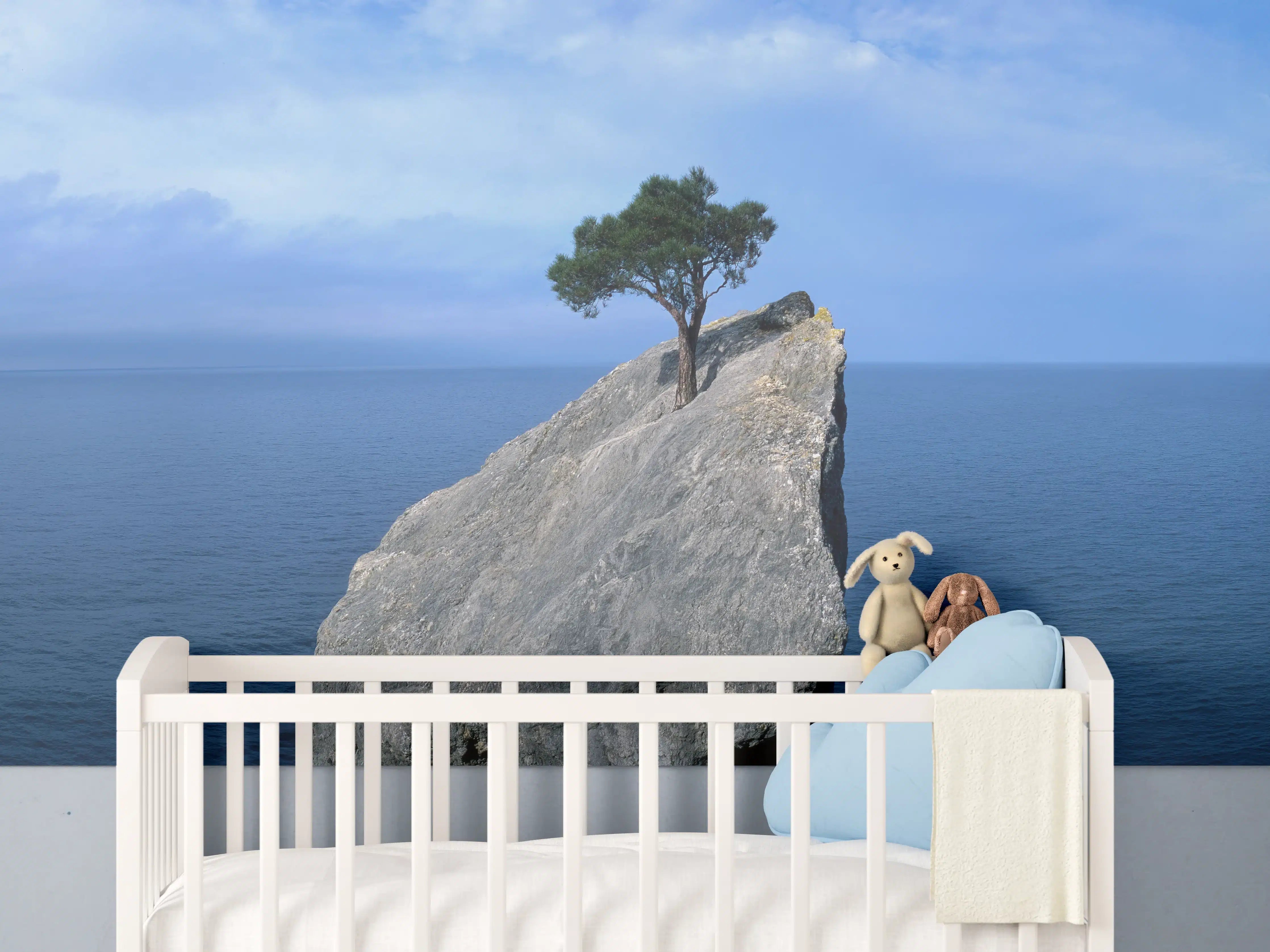 Babyzimmer Wandgestaltung - Baum auf Fels mitten im Ozean