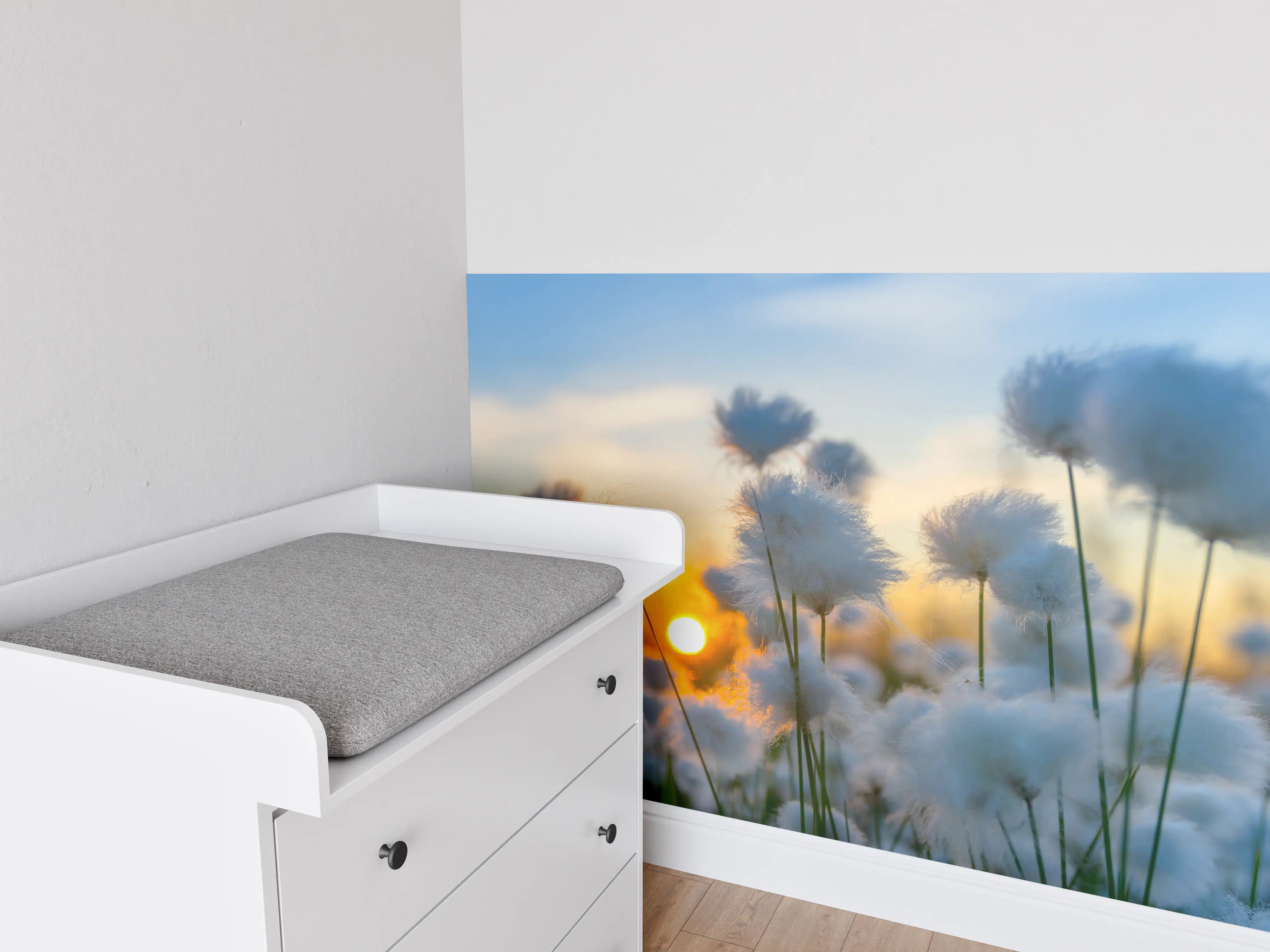 Babyzimmer Wandgestaltung - Baumwollgras bei Sonnenuntergang