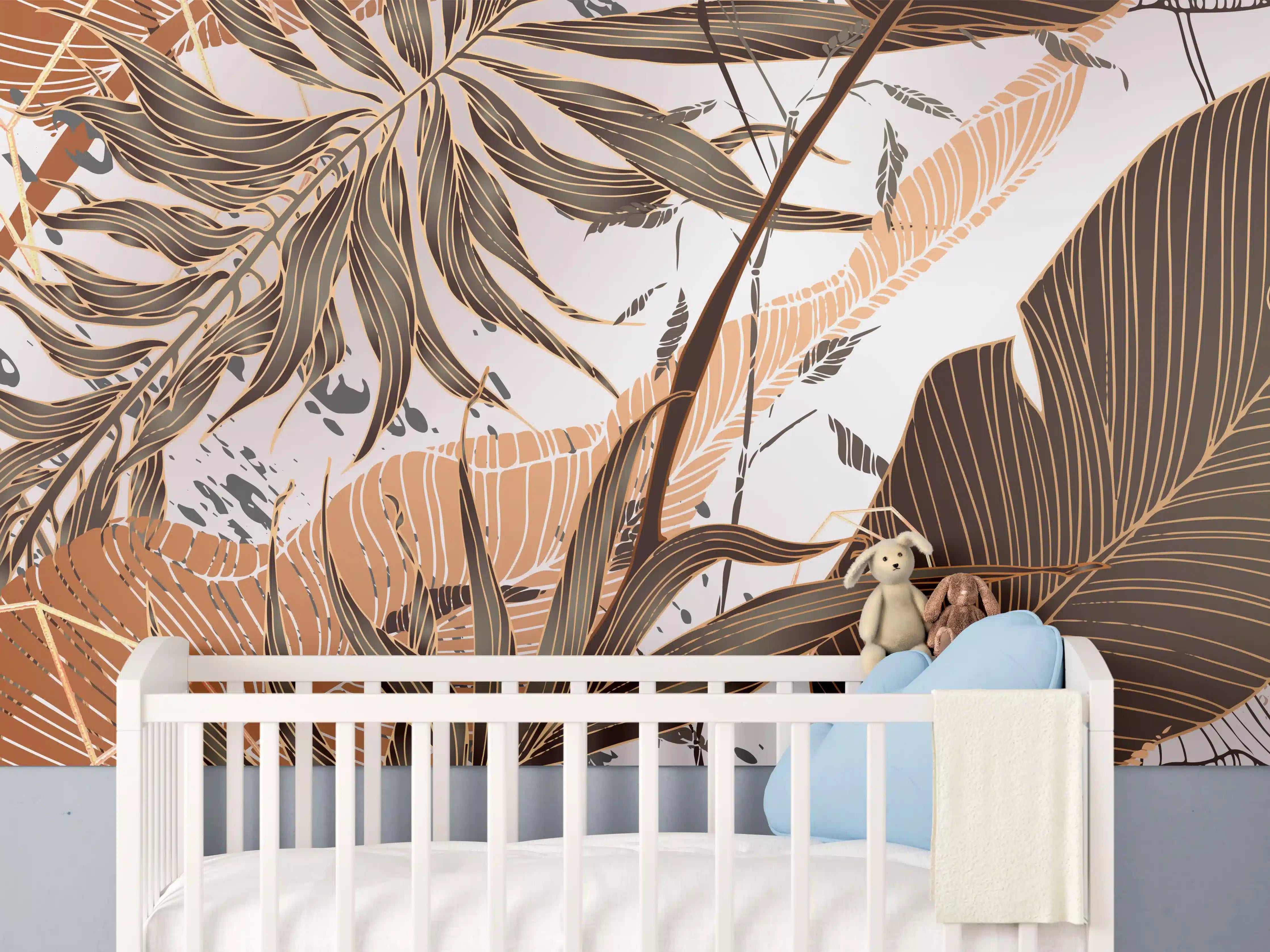 Babyzimmer Wandgestaltung - Beige Blattmuster Tapete