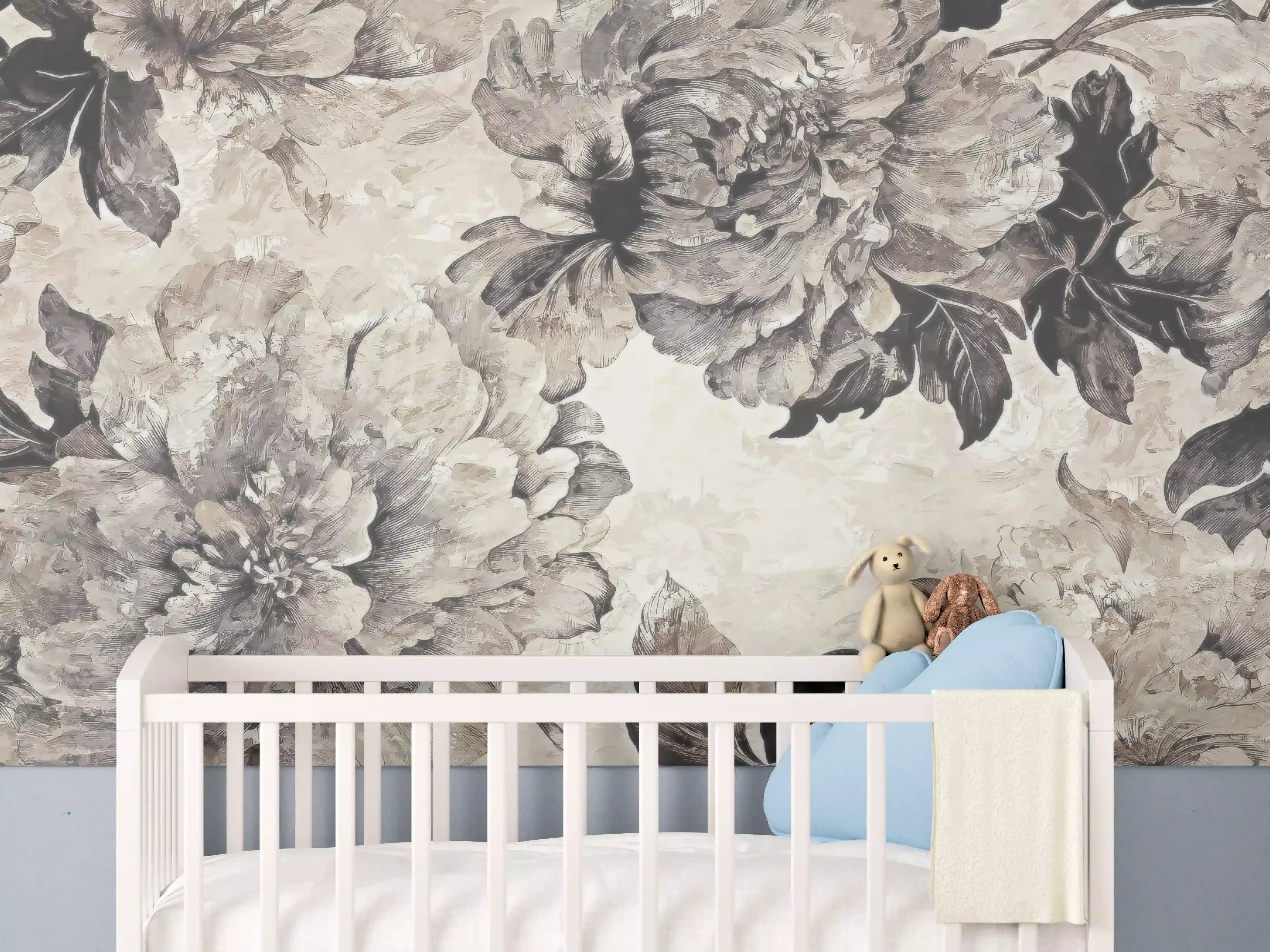 Babyzimmer Wandgestaltung - Beige Blumenpanorama Kunstwerk