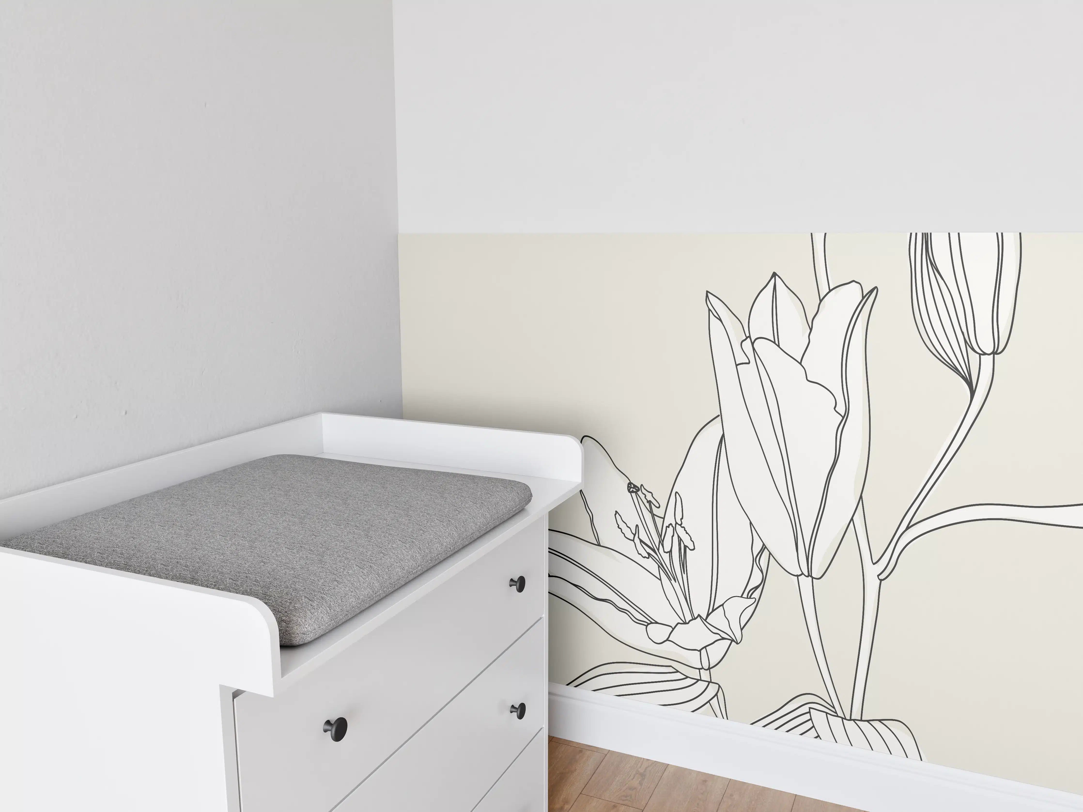 Babyzimmer Wandgestaltung - Beige Lilien Linienkunst