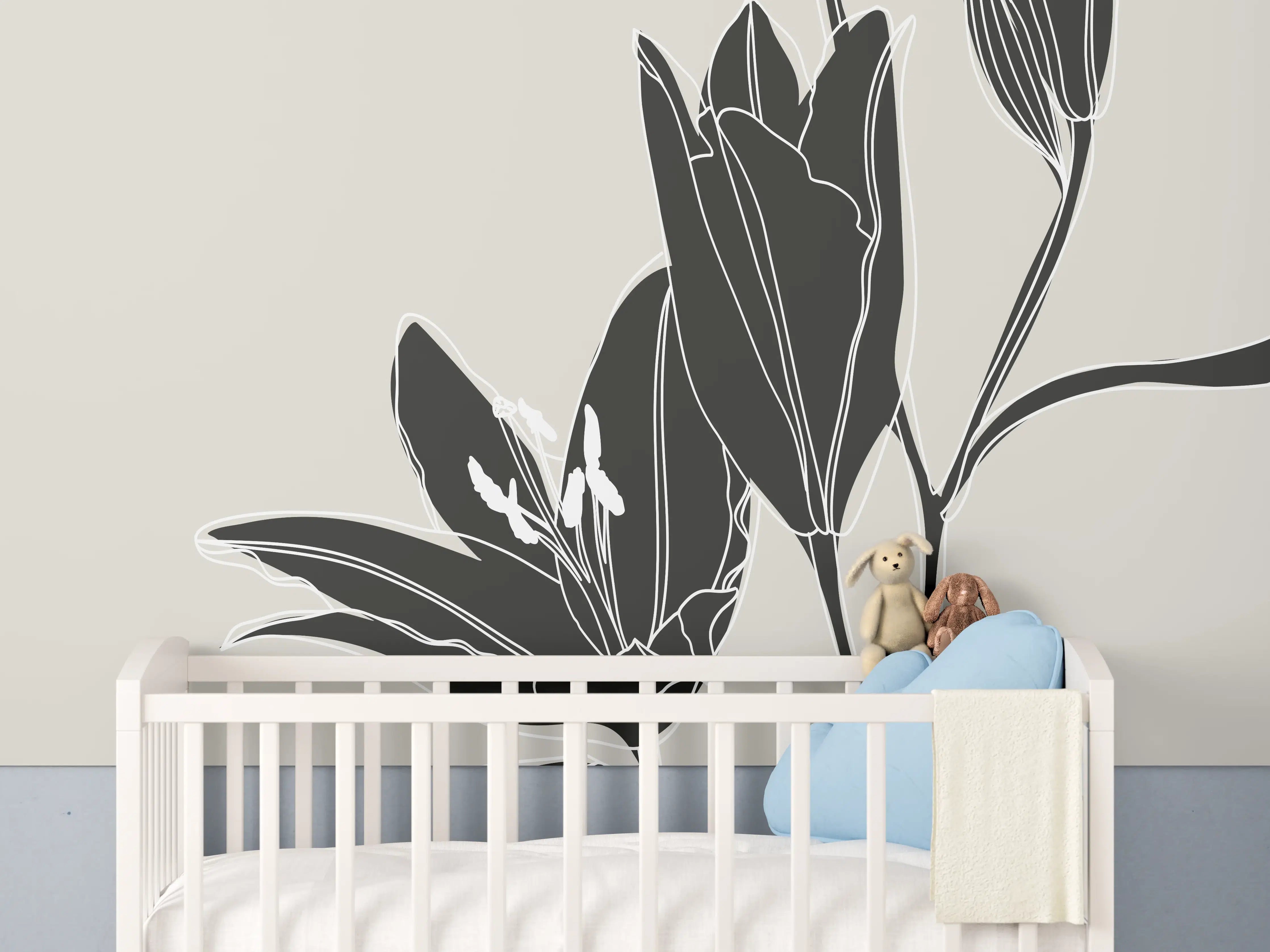 Babyzimmer Wandgestaltung - Beige Schwarze Lilien Lineart