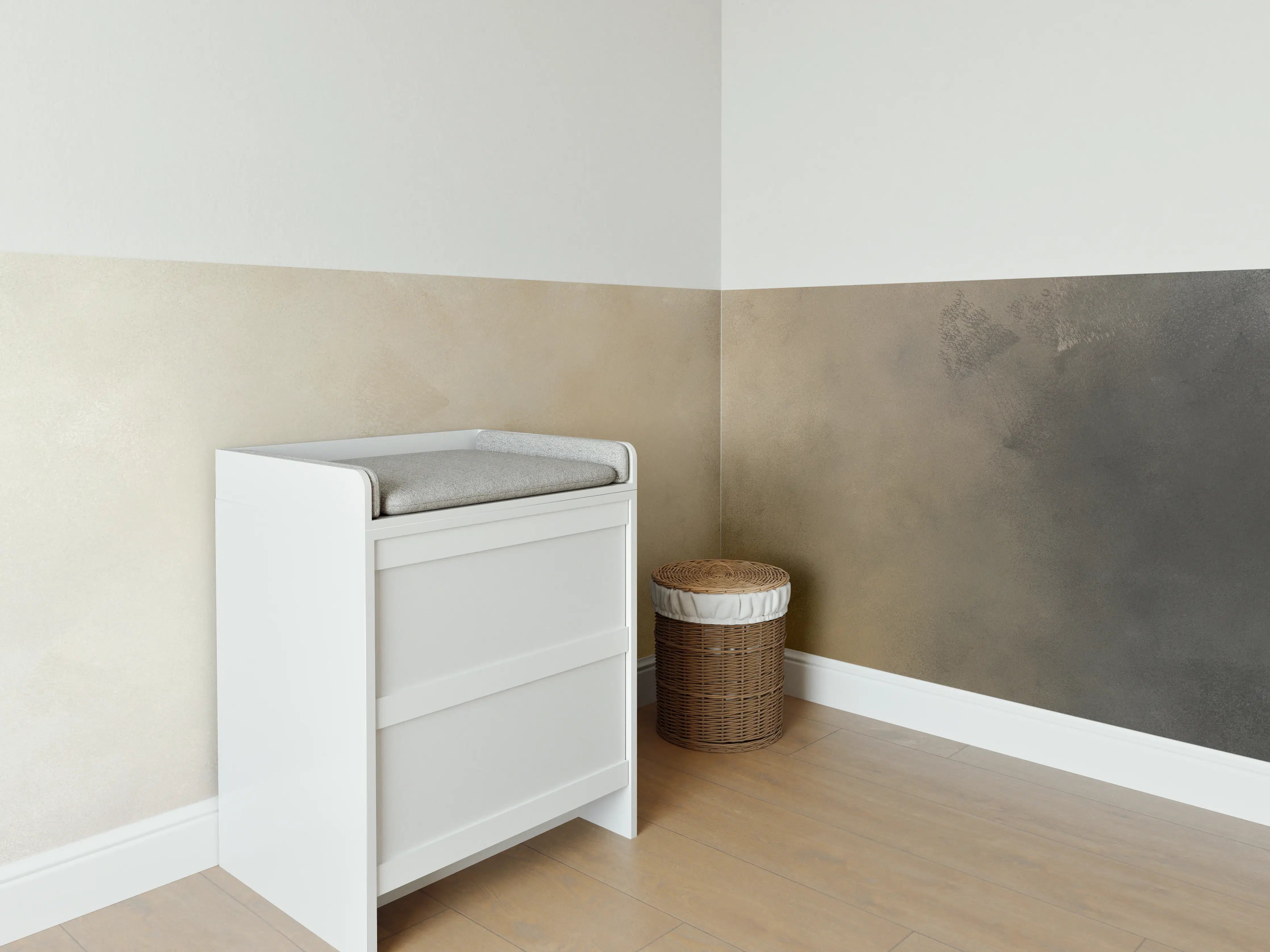 Babyzimmer Wandgestaltung - Betonoptik mit Grau- und Beigetönen