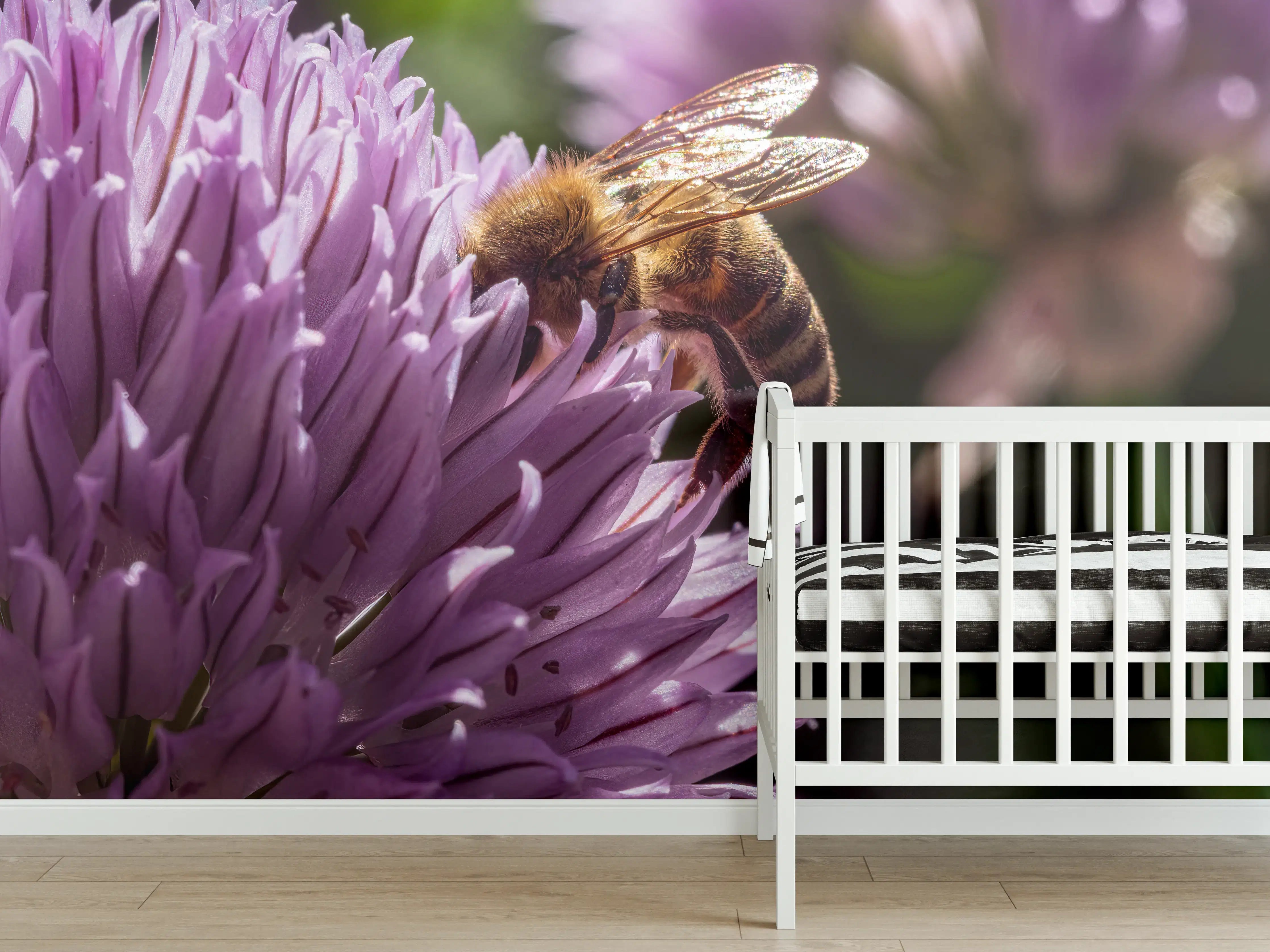 Babyzimmer Wandgestaltung - Biene auf lila Blume im Sonnenlicht