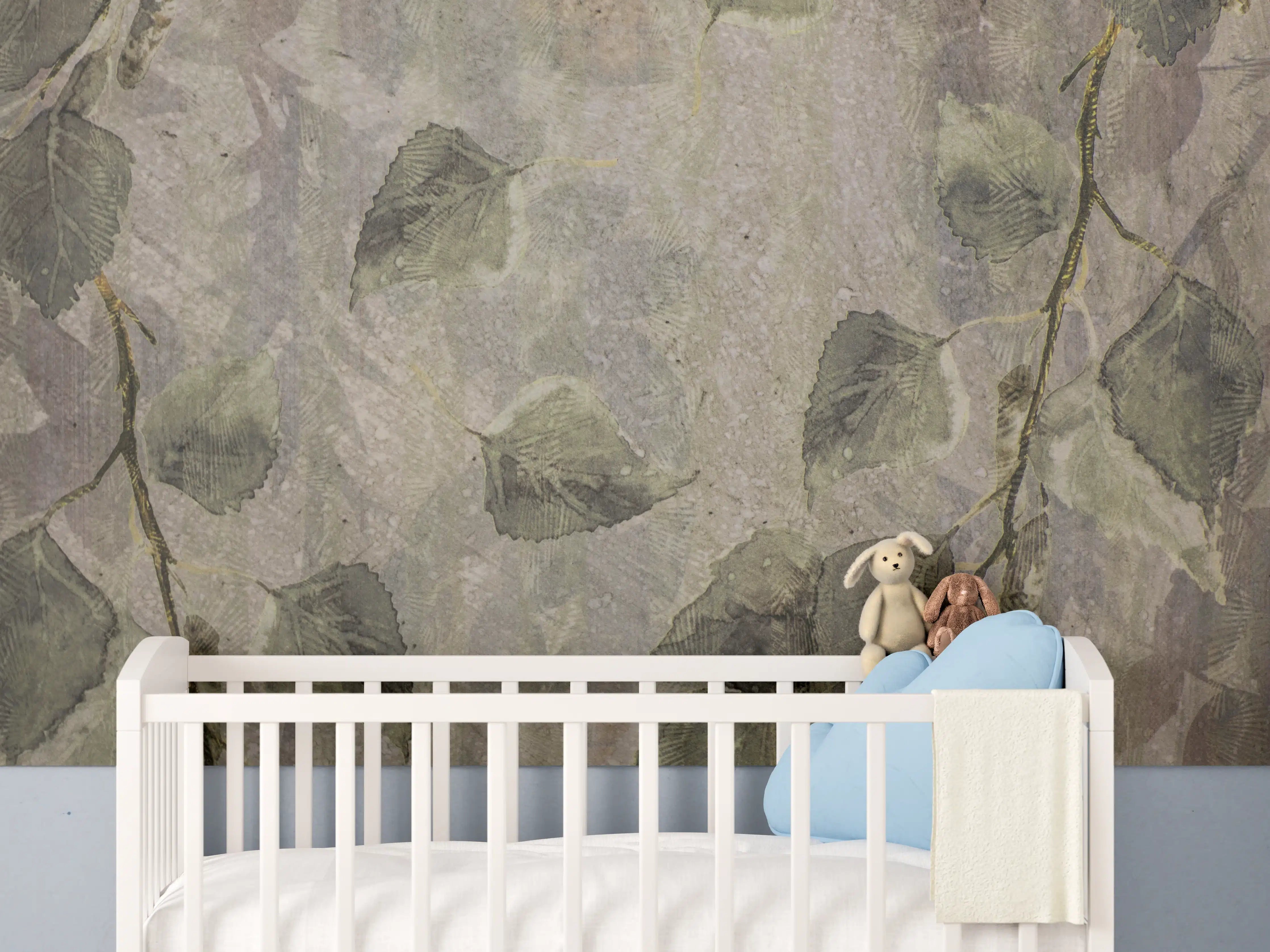 Babyzimmer Wandgestaltung - Blätter-Dekor Fliesen Grau