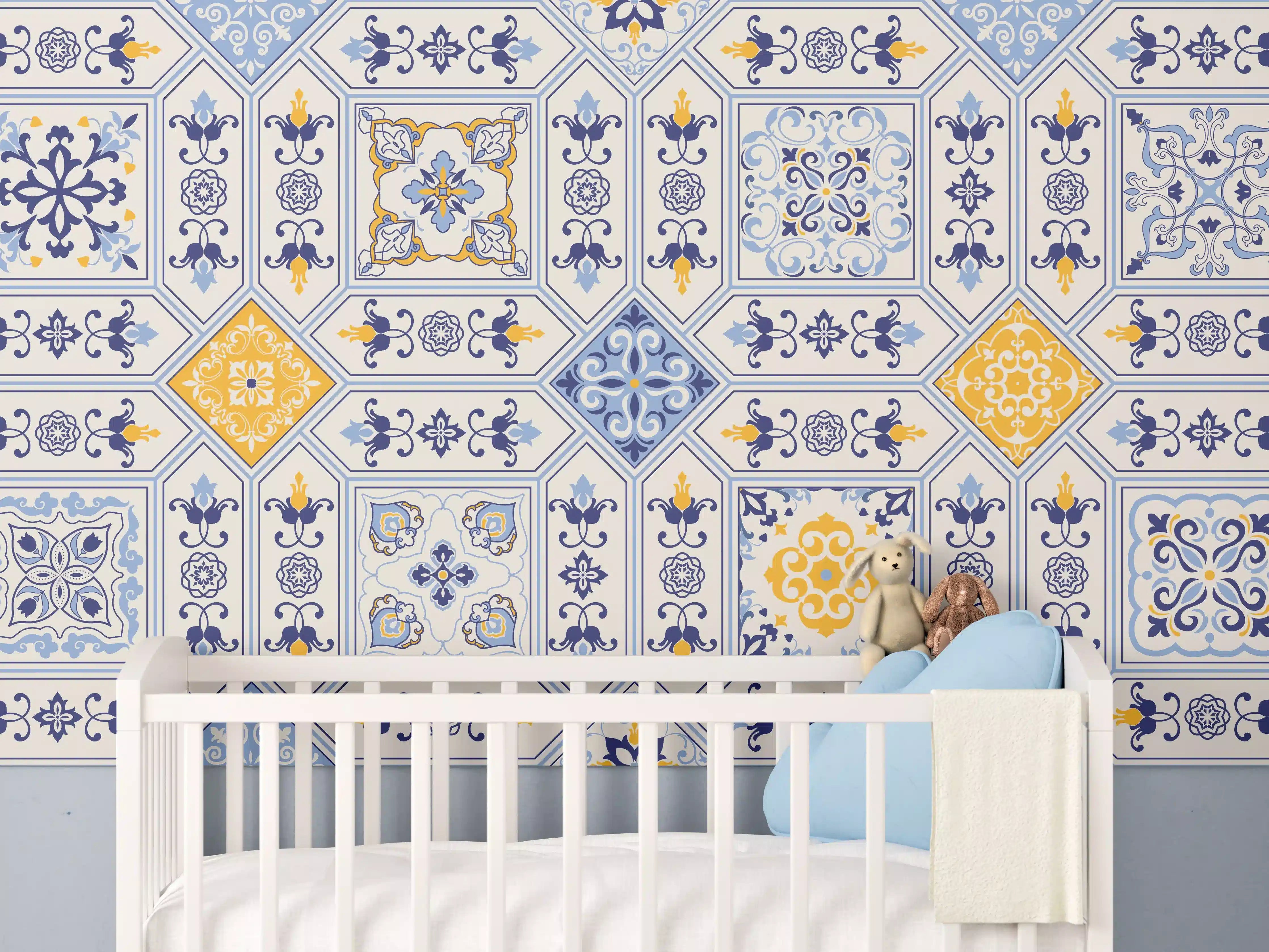 Babyzimmer Wandgestaltung - Blau-Gelbe Fliesen Muster