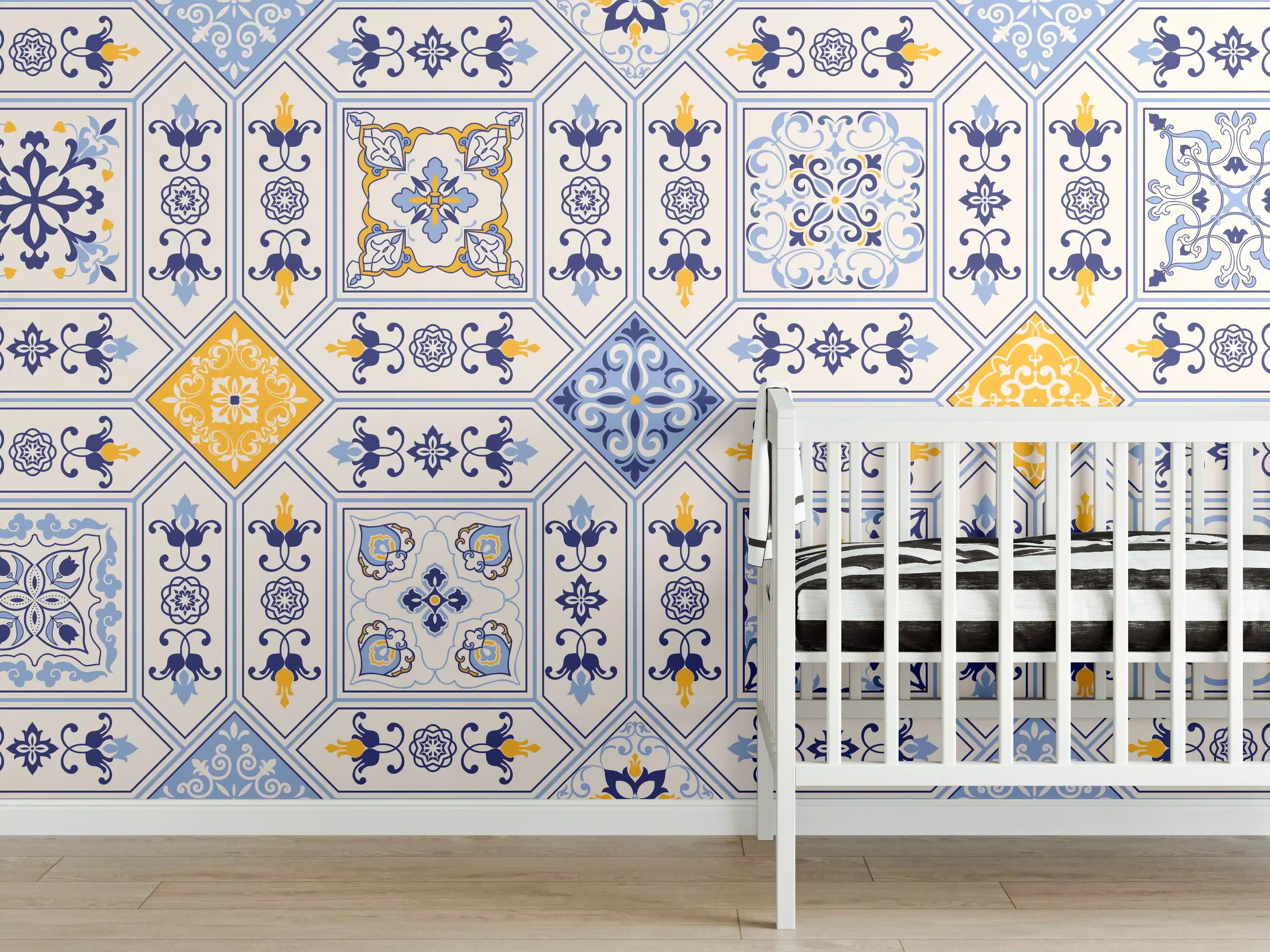 Babyzimmer Wandgestaltung - Blau-Gelbe Fliesenmuster