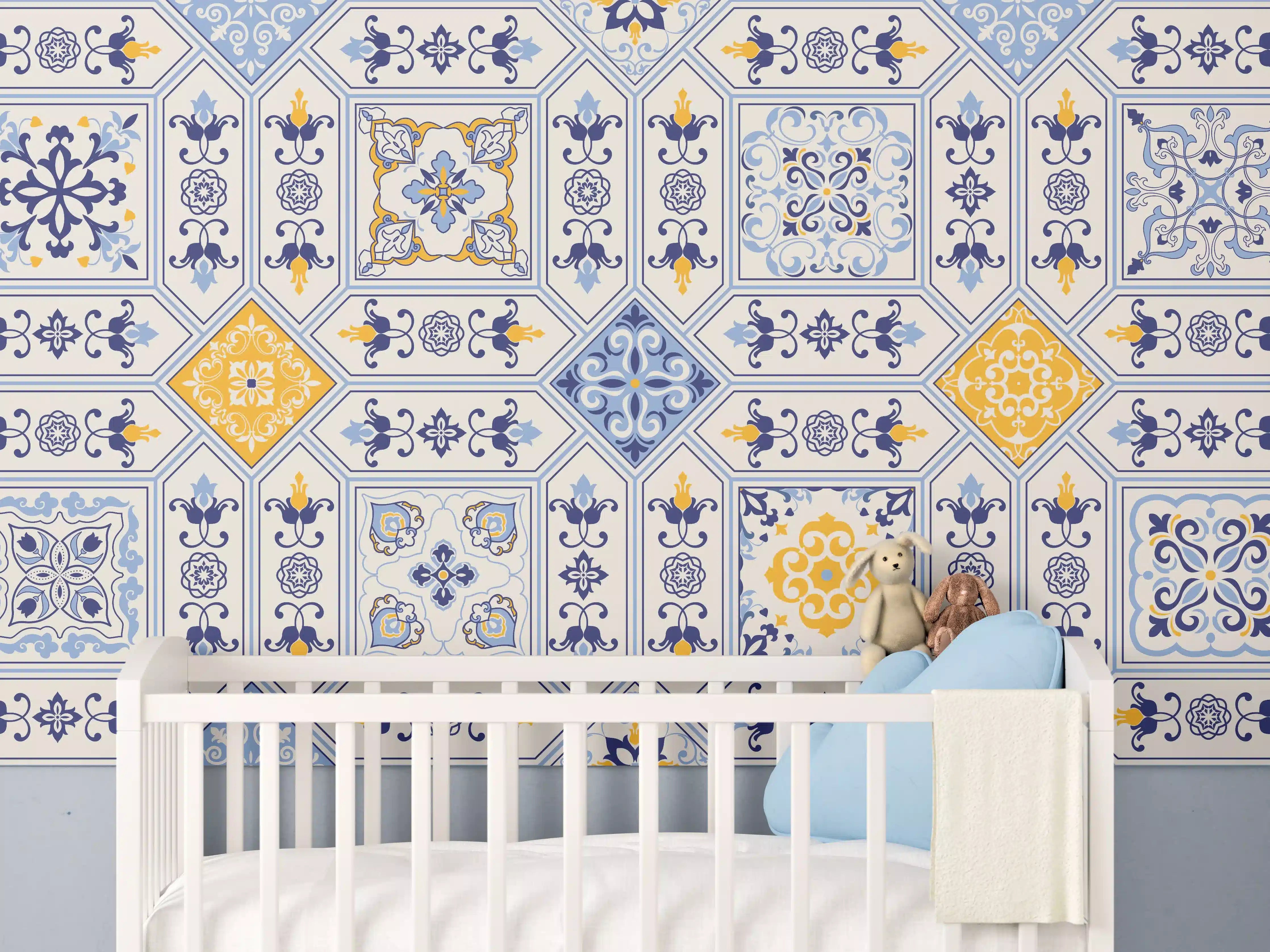 Babyzimmer Wandgestaltung - Blau-Gelbe Fliesenmuster